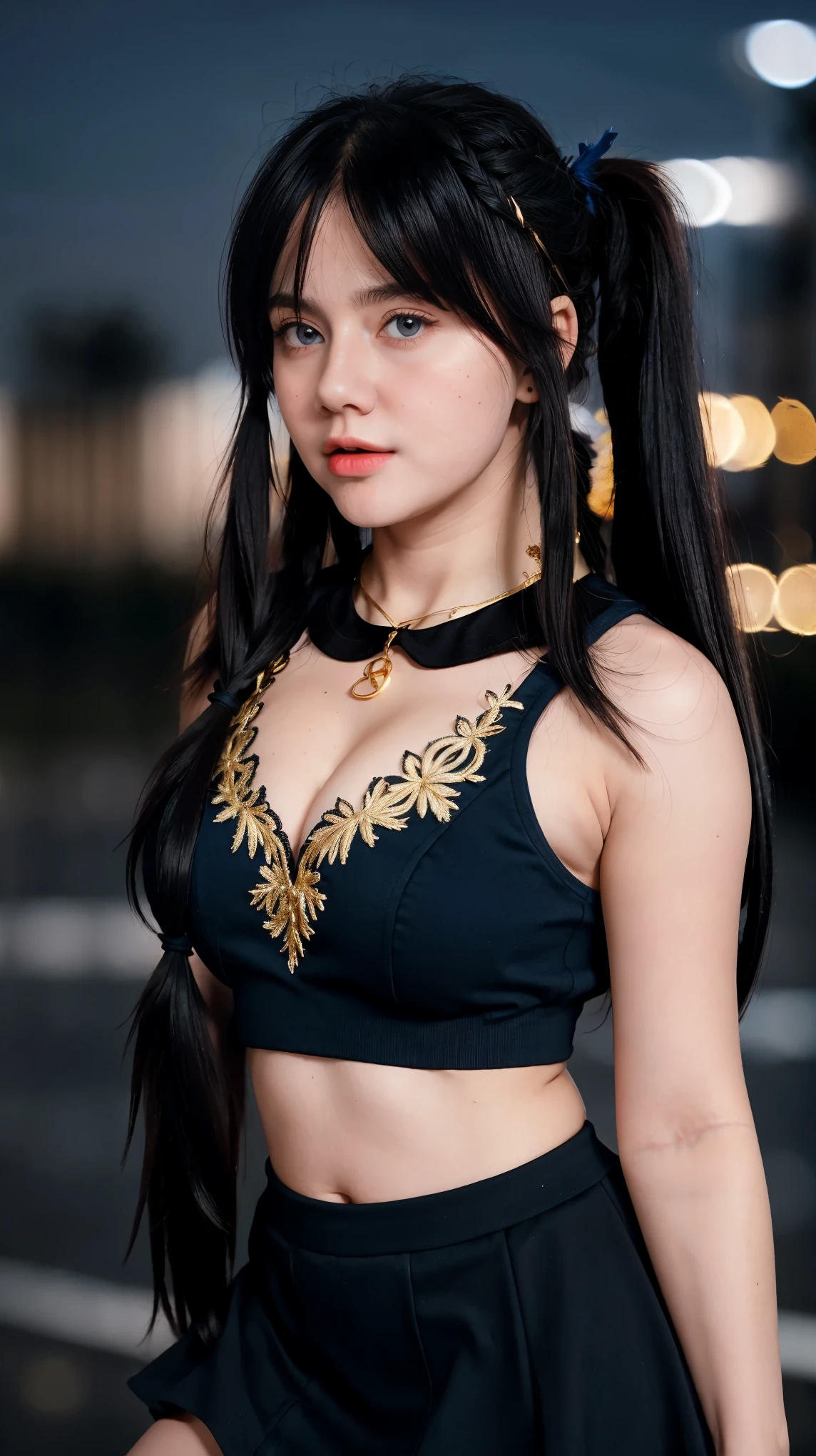 Georgeous, Beautiful, Russian , 18 Years Old, Whitkin, Cleavage, Large Colossal Breasts, Sexy Look, Sleeveless, (Black Lace Lolita), (Embroidery), Gold Earring, Headband, ((Night:1.3)), Holdup Stocking, Black Mini Skirt, ((Bright Blue Retina)), Open Mouth, ((Muscles:1.3)), ((Bokeh:1.3)), Empty Land Outdoor, Masterpiece, ((Bangs Hair Twintail)), ((Long Hair:1.3)), (Blue Sky), (HDR), ((Centre:1.1)), Black Coloured, Front Facing, Gold Neackle