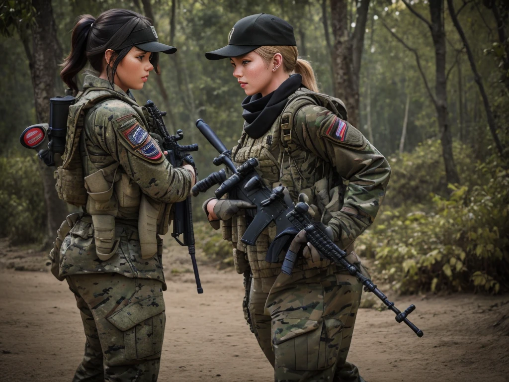 Sexy, , American Soldier, plate carrier, gun, M4A1步gun, Baseball cap, Black, Many pockets, long hair sticking out the back of Baseball cap, Strong arms, In battle,, Tinted Combat Sunglasses, scarf, Combat gloves, Ponytail, Two girls, Jungle Background, HD, 8K, night, Holographic sight, View the scope,Combat boots, have fun, gun on sling, gun on chest, nature , have fun,