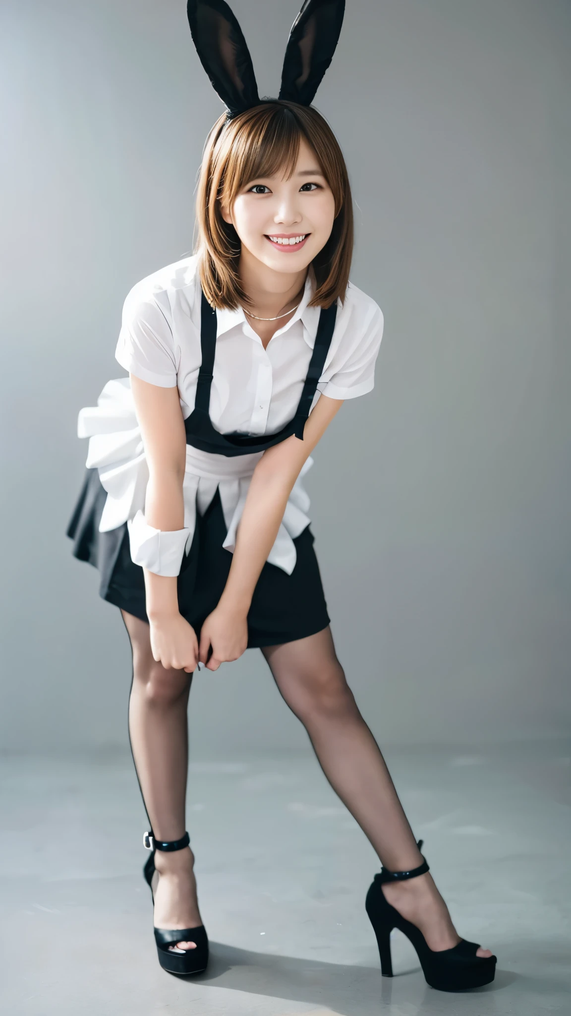 Bunny girl working at maid cafe:1.5，The best smile:1.5，Full Body Shot:1.5，Gray background:1.5，Wearing black high heels:1.5，Facing forward and leaning forward:1.5