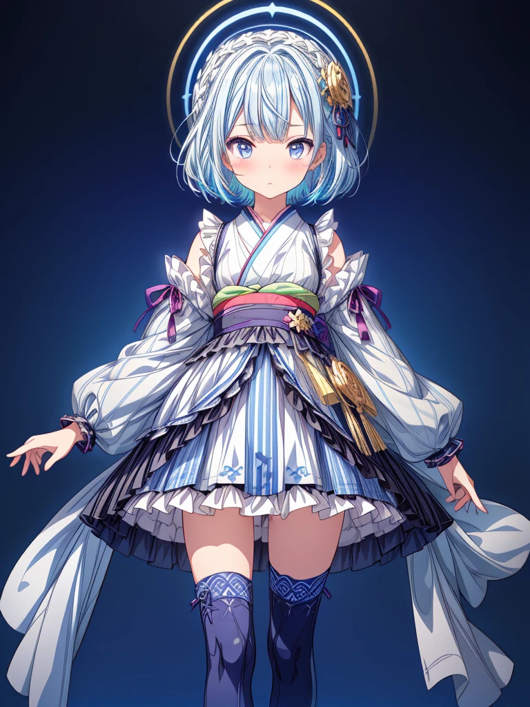 (((1girl)))、Star Fairy、vtuber-fullbody、(((highest quality、Masterpiece、The best composition、Golden Ratio、Official Art、Super detailed、Super detailedな目)))、ultra detailed, from front, headshot、 blue and white hair color、Short bangs above eyebrows、Short Hair、Standing in front of the viewer、A galaxy patterned outfit made from a remake of kimono and gothic lolita, with dark blue and light blue as the main colors.、The sleeves are long and the hands are hidden、Knee-high boots、Pure white simple background、Rainbow Bracelet
