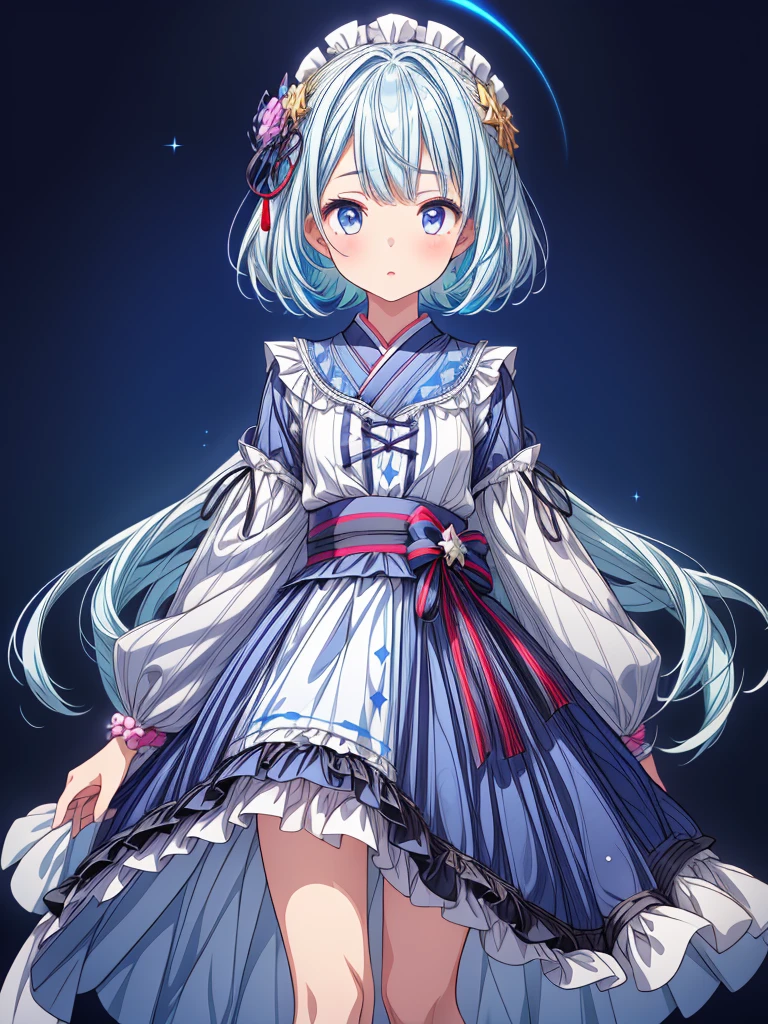 (((1girl)))、Star Fairy、vtuber-fullbody、(((highest quality、Masterpiece、The best composition、Golden Ratio、Official Art、Super detailed、Super detailedな目)))、ultra detailed, from front, headshot、 blue and white hair color、Short bangs above eyebrows、Short Hair、Standing in front of the viewer、A galaxy patterned outfit made from a remake of kimono and gothic lolita, with dark blue and light blue as the main colors.、The sleeves are long and the hands are hidden、Knee-high boots、Pure white simple background、Rainbow Bracelet