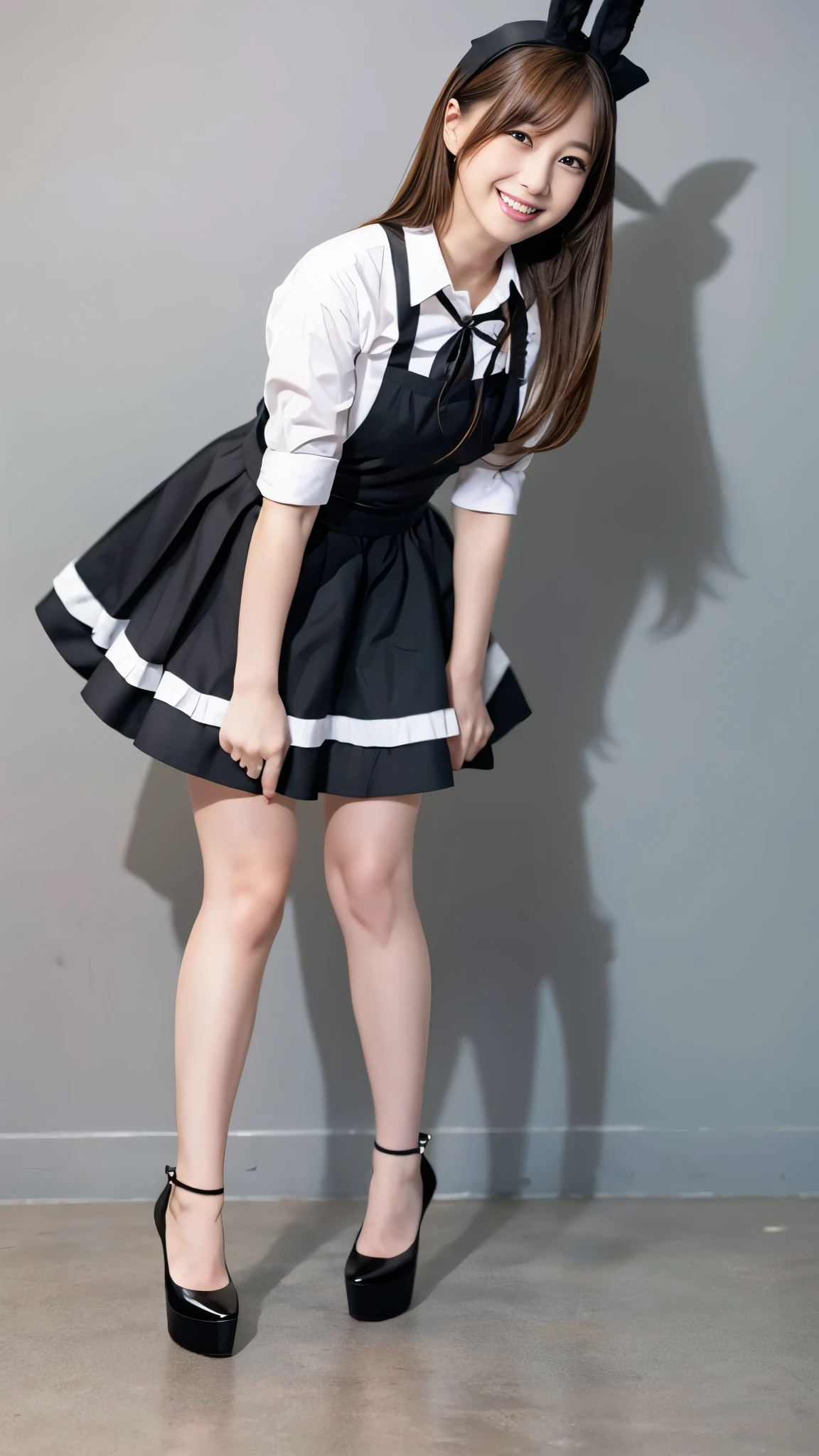 Bunny girl working at maid cafe:1.5,The best smile:1.5,Full Body Shot:1.5,Gray background:1.5,Wearing black high heels:1.5,Facing forward and leaning forward:1.5