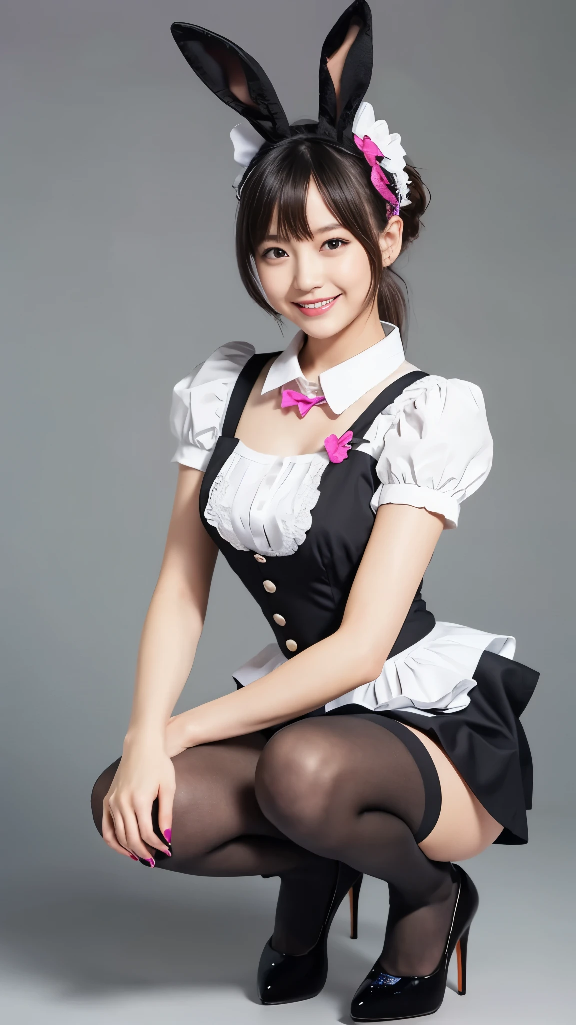 Bunny girl in a colorful maid outfit:1.5，Wearing black tights:1.5，The best smile:1.5，Full Body Shot:1.5，Gray background:1.5，Wearing black high heels:1.5，squat:1.5