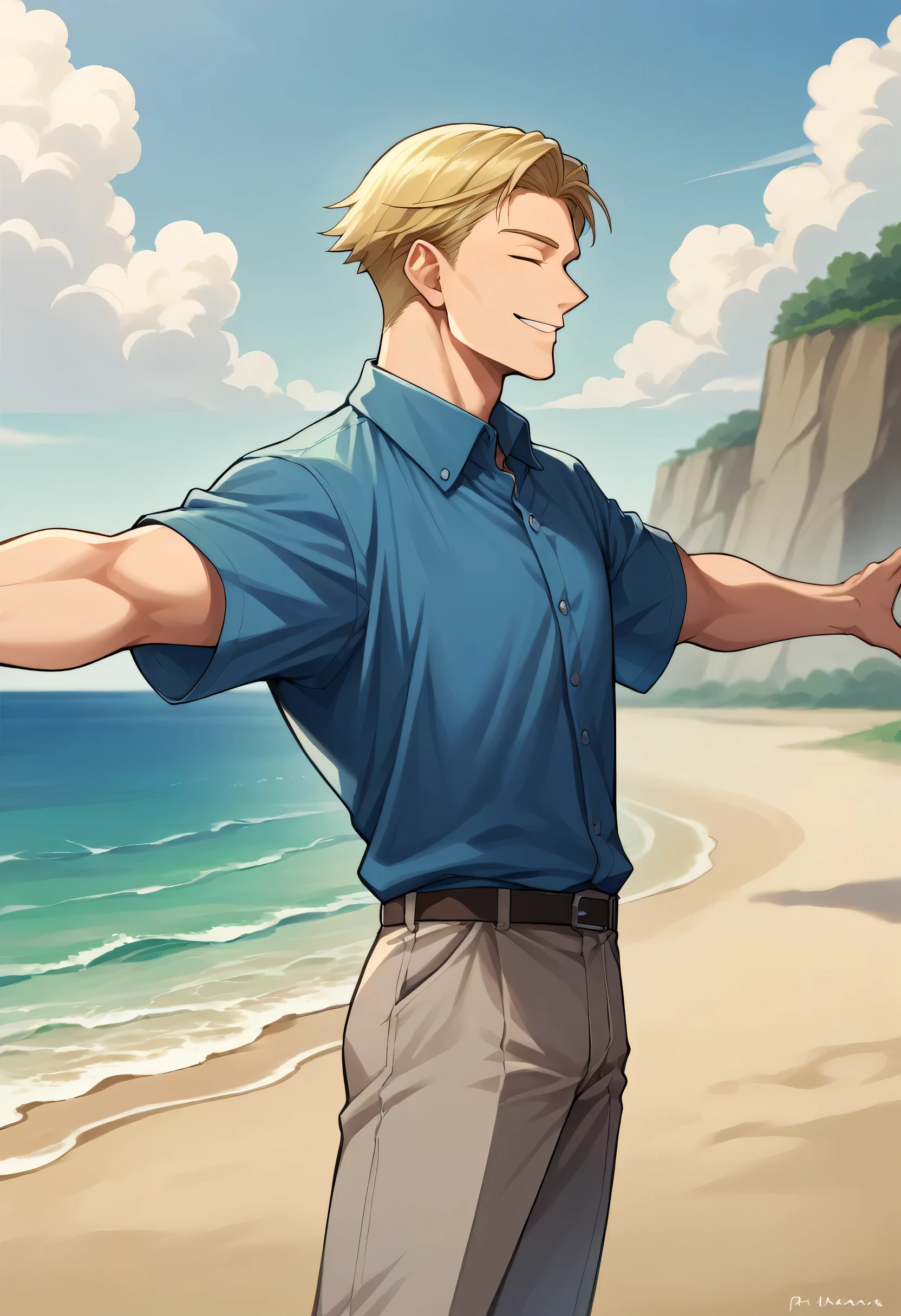 score_9, score_8_up, source_anime, 1boy, solo, NanamiBase, blonde hair, short hair, blue shirt, collared shirt, grey pants, outdoors, spread arms, standing, beach, smile, closed eyes, from side, muscular, 