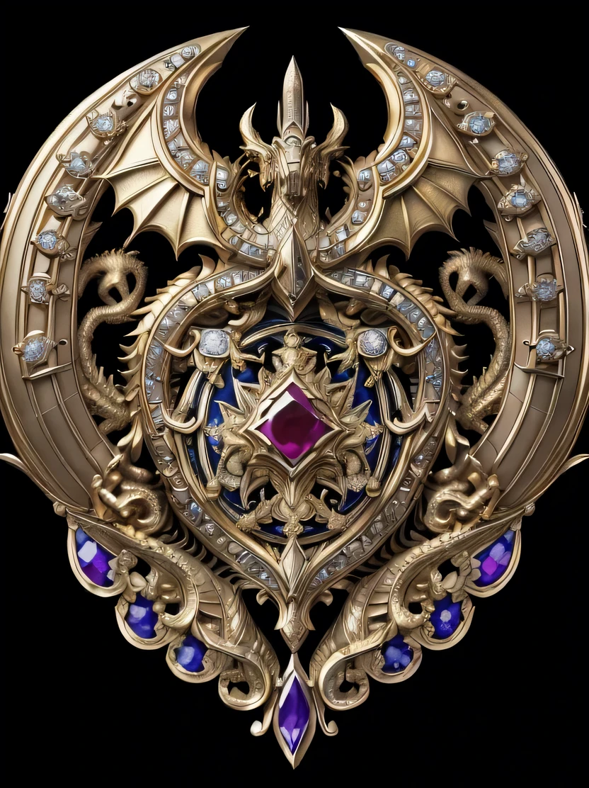 ((masterpiece、highest quality、Very detailed、Photorealistic、High resolution、Sharp focus))、((No humans))、((Elaborate coat of arms、Ruby、sapphire、diamond))、Smooth surface、Reflective surface、Dragon Head、Shiny Gold、Symmetrical、Dynamic lighting、Scattered beneath the surface