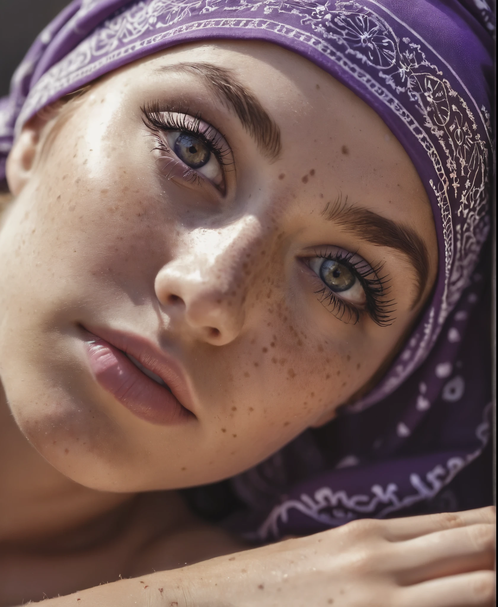 [close-up portrait, a 20-year-old beautiful woman, photorealistic, best quality, hyper detailed, wearing a purple headscarf with intricate patterns, soft lighting, freckles, natural makeup, upper face close-up, solo, laying down, serene expression, realistic skin texture, visible eyelashes, sunlight and shadow play, ultra high res, film grain, RAW, Instagram aesthetic]