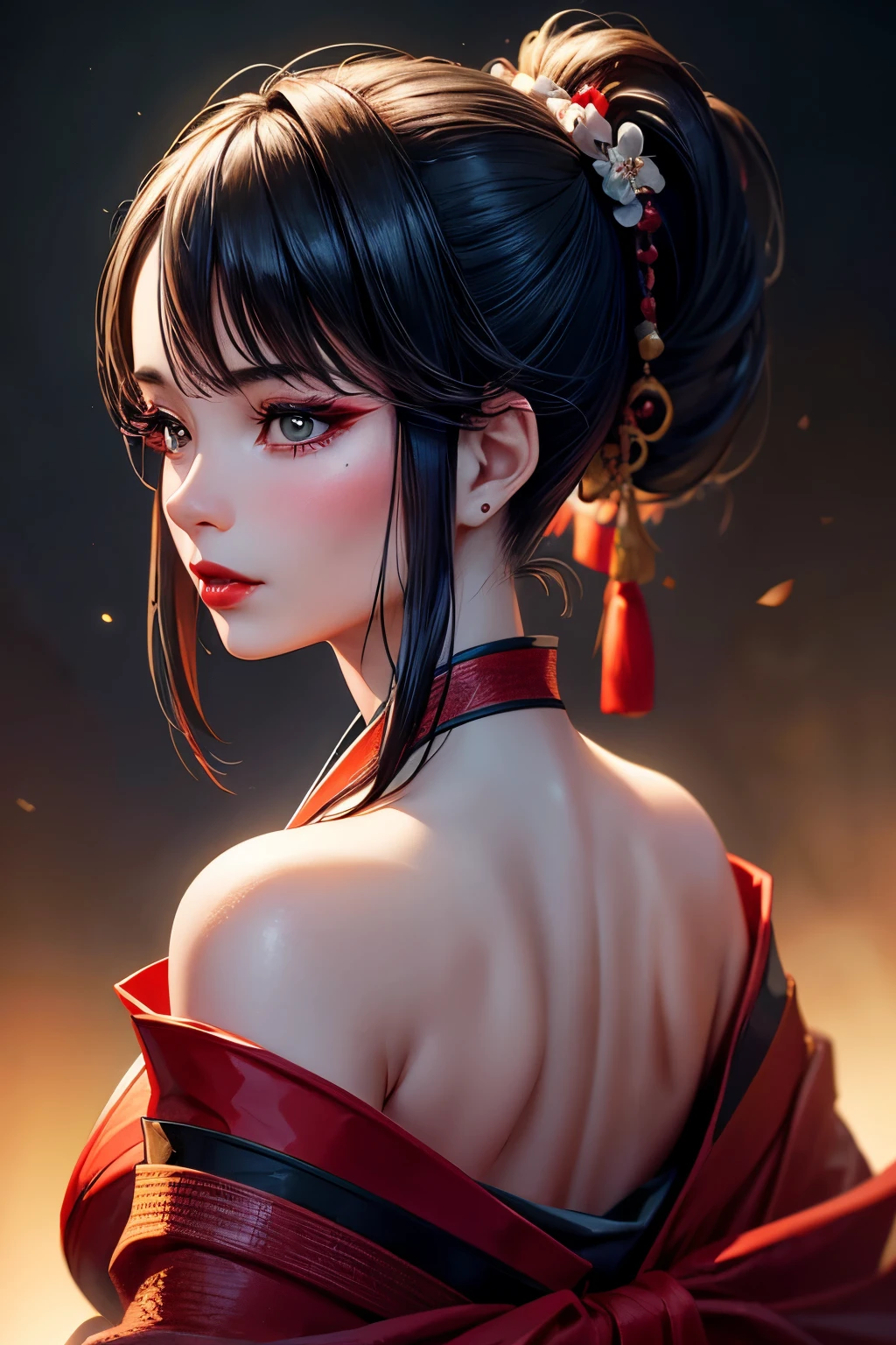 depth of field, cinematic lighting, masterpiece, accurate, textured skin, high details, high quality, woman, 30-years, ponytail, kimono, red lips, japanese makeup, seductive, passionate, from behind, gradiente  green background 