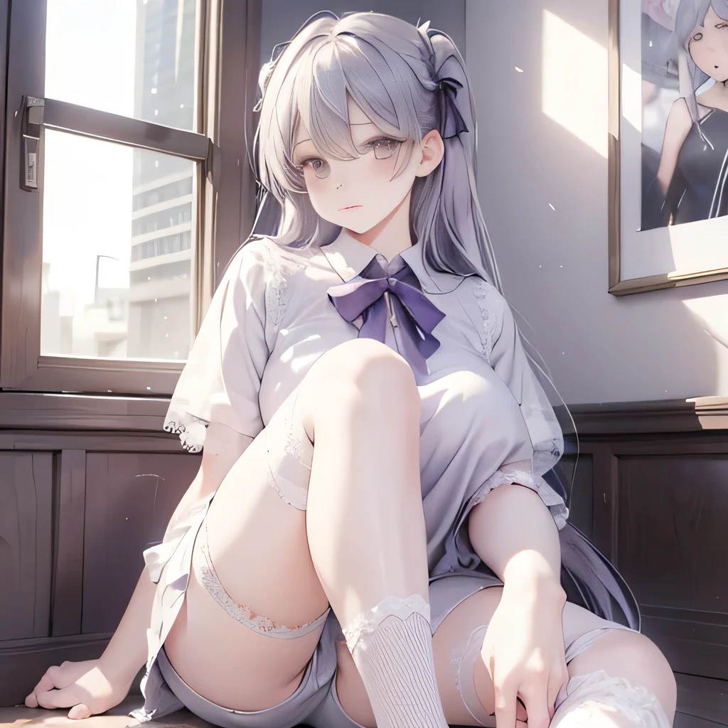 Delicateeyes，Long purple-gray hair，Super loose short sleeves，blush，plump thighs，look up，Sitting on knees，pant，Lace white fishnet stockings，shorts，Innocence