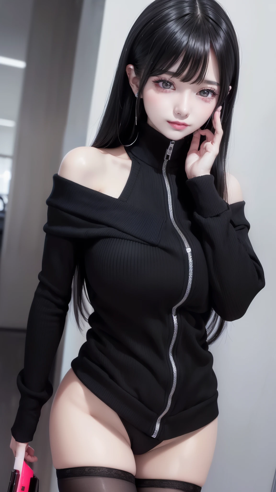 (Safety Sensor、sfw:1.8, Approved as safe、Can be viewed:1.8),masterpiece、masterpiece、highest quality、highest quality、Accurate the human body、Lighting to suit the mood、Accurate、Elaborate、masterpiece、Exquisite facial detail、Detailed Background、Background Blur、Detailed and beautiful background、Accurate 5-finger、Accurate human body、The perfect human body、
break、
Oval Face、Cute Japanese Women、
Straight long Black hair、Heavy bangs、White skin、Super big bust:1.5, , (jirai girl:1.5, jirai makeup:1.4, red gloss eyeliner、Fluorescent gloss lip:1.5, Off-the-shoulder long sweater with front zipper、Big cleavage、No underwear:1.5, Sexy smile、Mesugaki smile:1.8、Sexually provocative girl:1.8,)