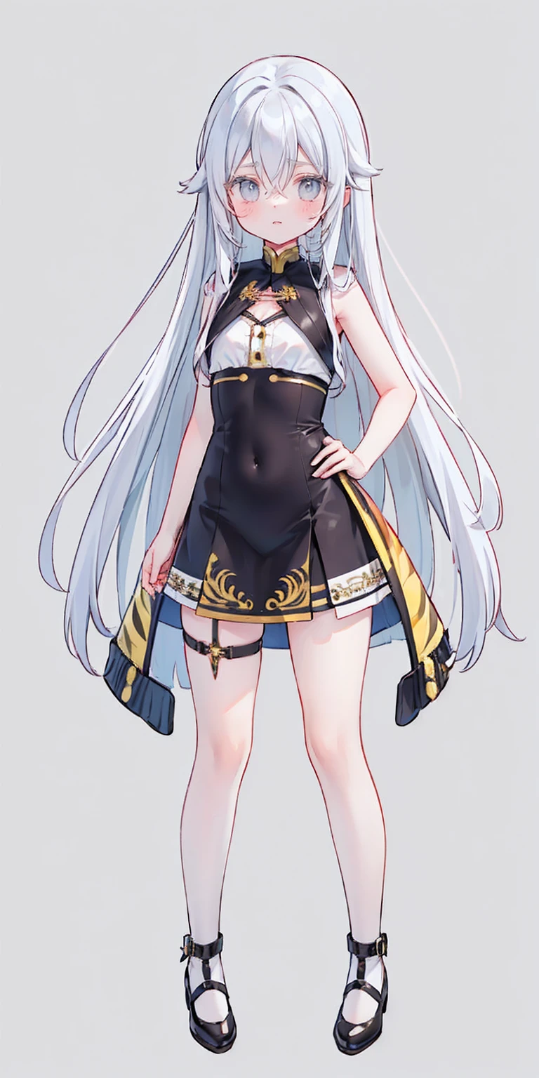 ((Masterpiece, plain background:1,2, masterpiece)) full body standing yellow tiger print stockings, hands on waist, navel (Vladilena Milize) (grey eyes:1.5) grey hair, hair between eyes, long hair