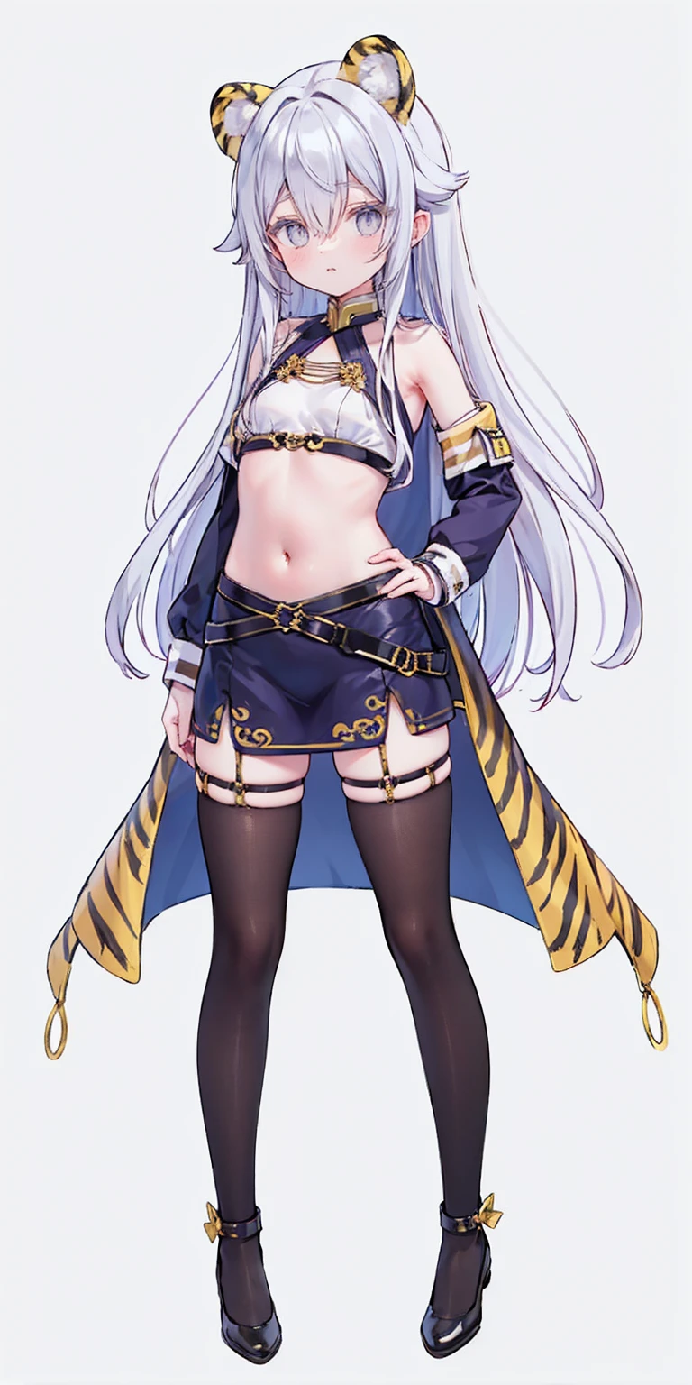 ((Masterpiece, plain background:1,2, masterpiece)) full body standing yellow tiger print stockings, hands on waist, navel (Vladilena Milize) (grey eyes:1.5) grey hair, hair between eyes, long hair