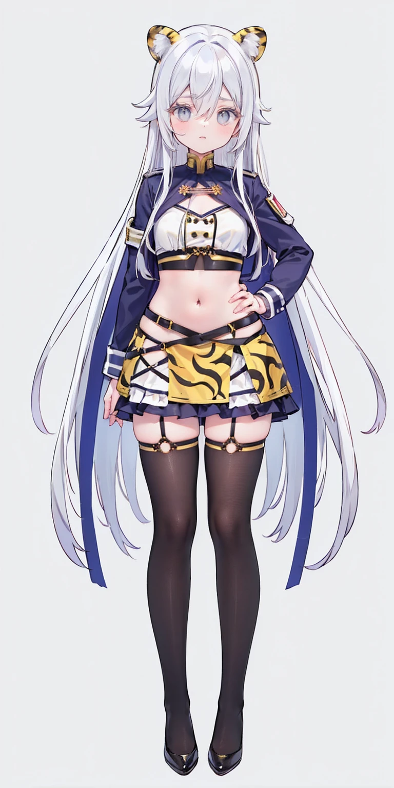 ((Masterpiece, plain background:1,2, masterpiece)) full body standing yellow tiger print stockings, hands on waist, navel (Vladilena Milize) (grey eyes:1.5) grey hair, hair between eyes, long hair