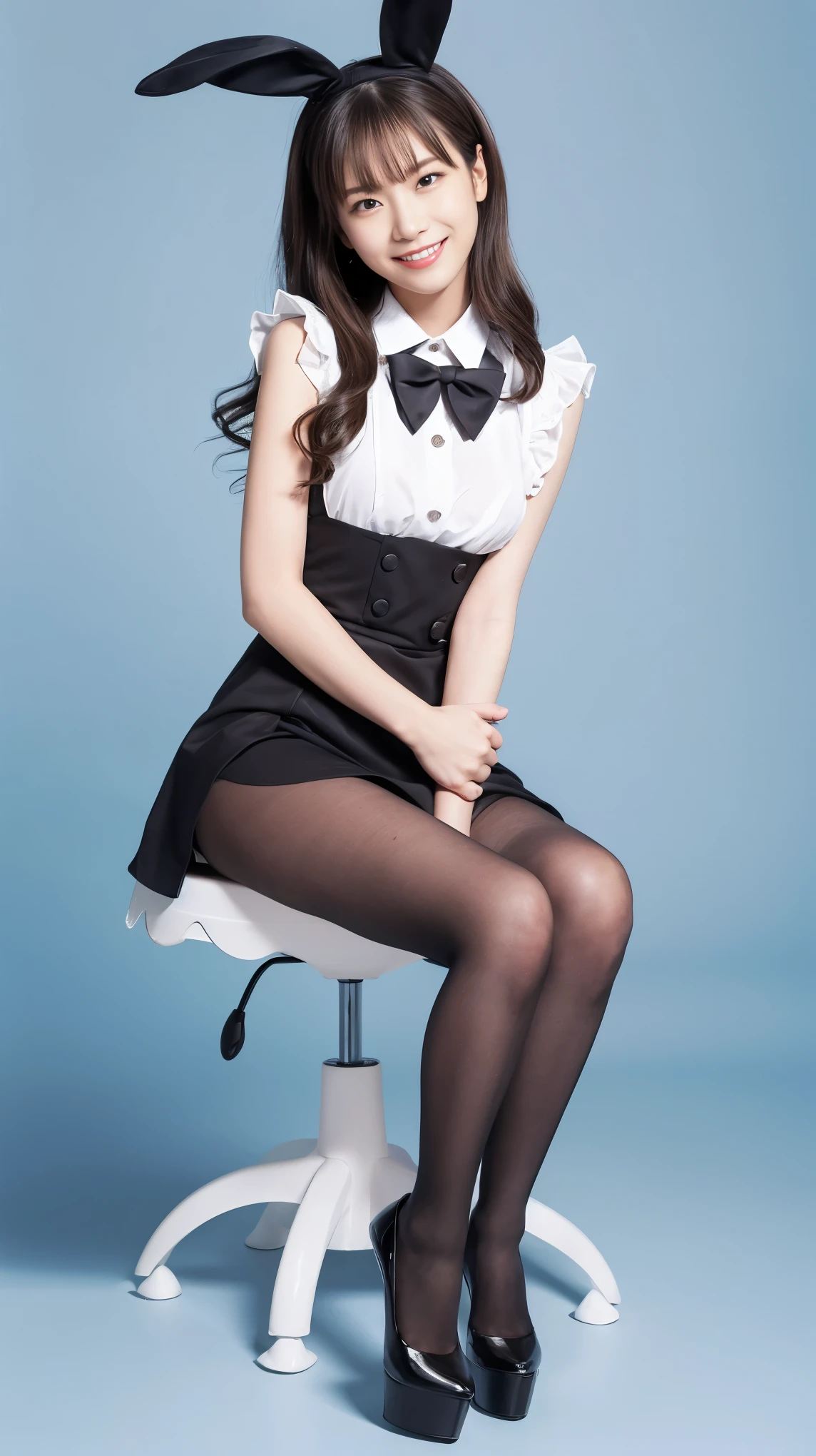 Bunny girl in a light blue maid outfit:1.5，Wearing light blue tights:1.5，The best smile:1.5，Full Body Shot:1.5，Gray background:1.5，Wearing black high heels:1.5，Poop sitting:1.5