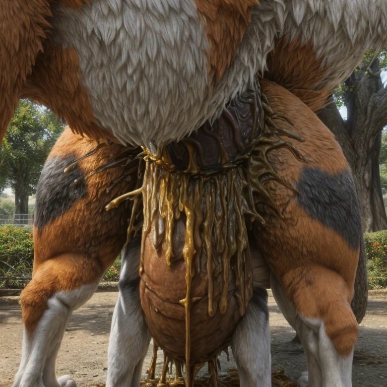 (duo:1.2), ((((husky dog, orange cat, feral)))), standing on all fours, public park, masterpiece, high quality, realistic, detailed background, ((((butt shot, anal)))), ((((inflation, excessive feces, hyper penis, doggystyle))))