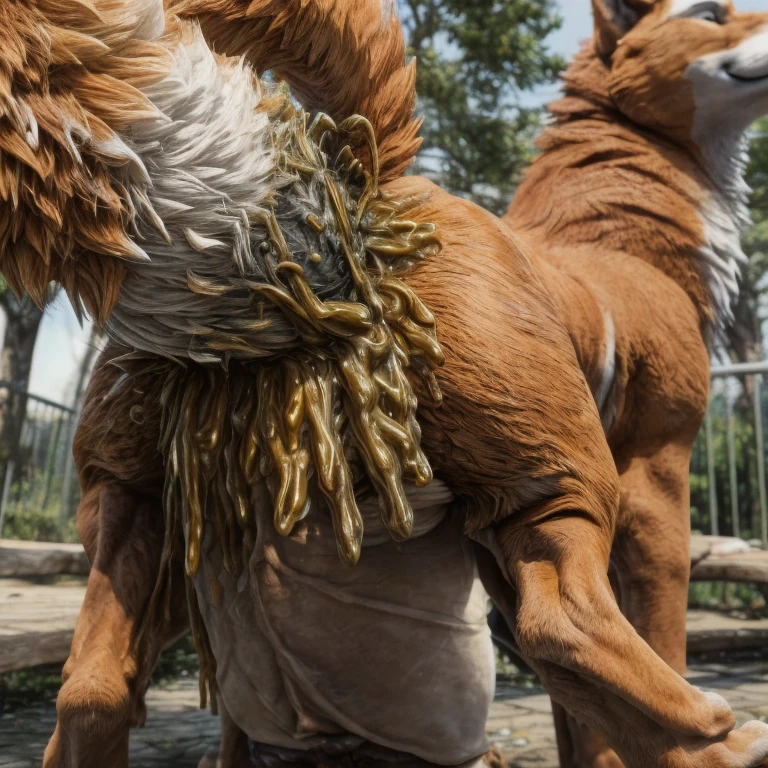 (duo:1.2), ((((husky dog, orange cat, feral)))), standing on all fours, public park, masterpiece, high quality, realistic, detailed background, ((((butt shot, anal)))), ((((inflation, excessive feces, hyper penis, doggystyle))))