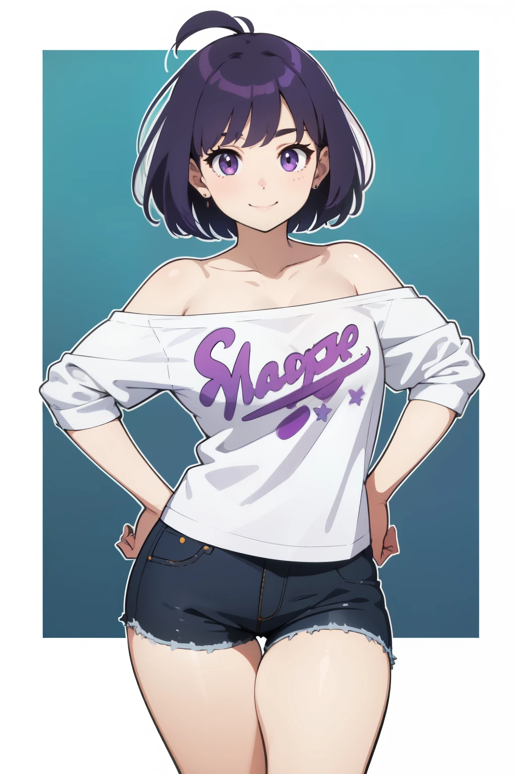 ((highest quality)), ((masterpiece)), (detailed)
Gal、smile、short hair、glamorous、Thicker outline、Stronger saturation、Anime painting、Purple Hair、White background、whole body、casual