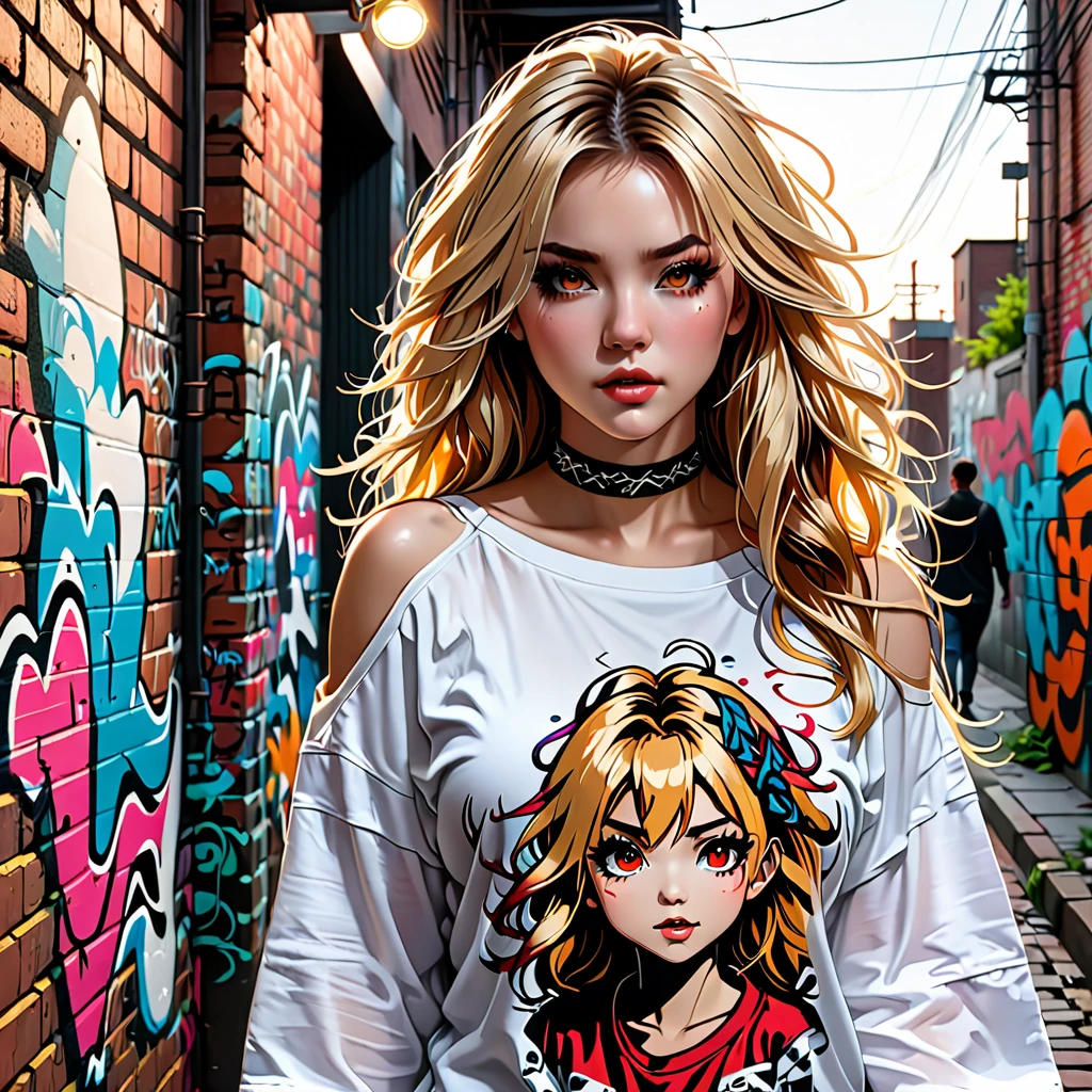 ultra realistic 8k cg, masterpiece, ((ultra detailed background, delicate pattern, intricate detail)), best quality, intricate details, chromatic aberration, 1girl, long hair, golden hair, messy hair, red highlights, hair over one eye, sharp eyes, choker, brick wall, graffiti, dim lighting, alley, oversized shirt,off shoulder, see through white shirt, Masterpiece, best quality