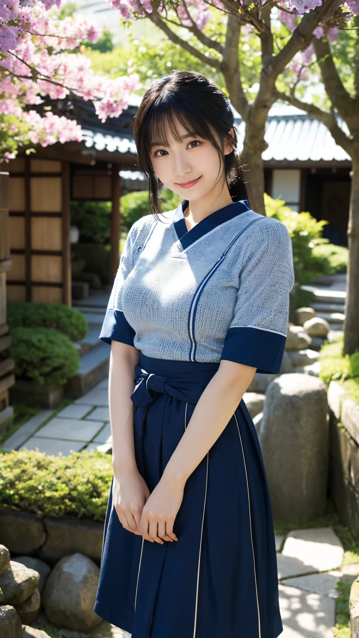 (highest quality,masterpiece:1.3,Ultra-high resolution),(Super detailed,Caustics,8k), (Photorealistic:1.4, RAW shooting),blue sky,Japanese garden,Japanese,20-year-old,smile,Black Hair Middle Hair,(Blue short-sleeved summer knit),Big Breasts,White Skirt,Waist up shot,Natural light