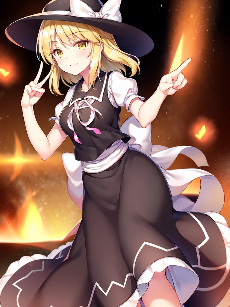 1girl, , , masterpiece, best quality, 10 years old, medium blonde hair, forehead visible bags, yellow eyes, hat, heart, black headwear, puffy short sleeves, log black skirt, heart hads,,1girl, solo, yellow eyes, yellow hair, bow, hat bow, socks, black footwear, black skirt, short sleeves, yuki (touhou), black vest, white sleeves, frill skirt, light smile, from behind, to lift up one’s skirt, cowboy shot, from front, standing , raise one leg, crossed arms, arms up behind, arms behind back, hand between legs, put hands hip, one hand on hip, forward hands, arms raised in the air, punch hands, peace sign, waving, put up index finger, sit, lie down, closed eyes, lie face down, looking back, put one hand chest, leaning forward, cleavage, close up, horizontally outstretched arms, horizontally outstretched legs, front view, front face