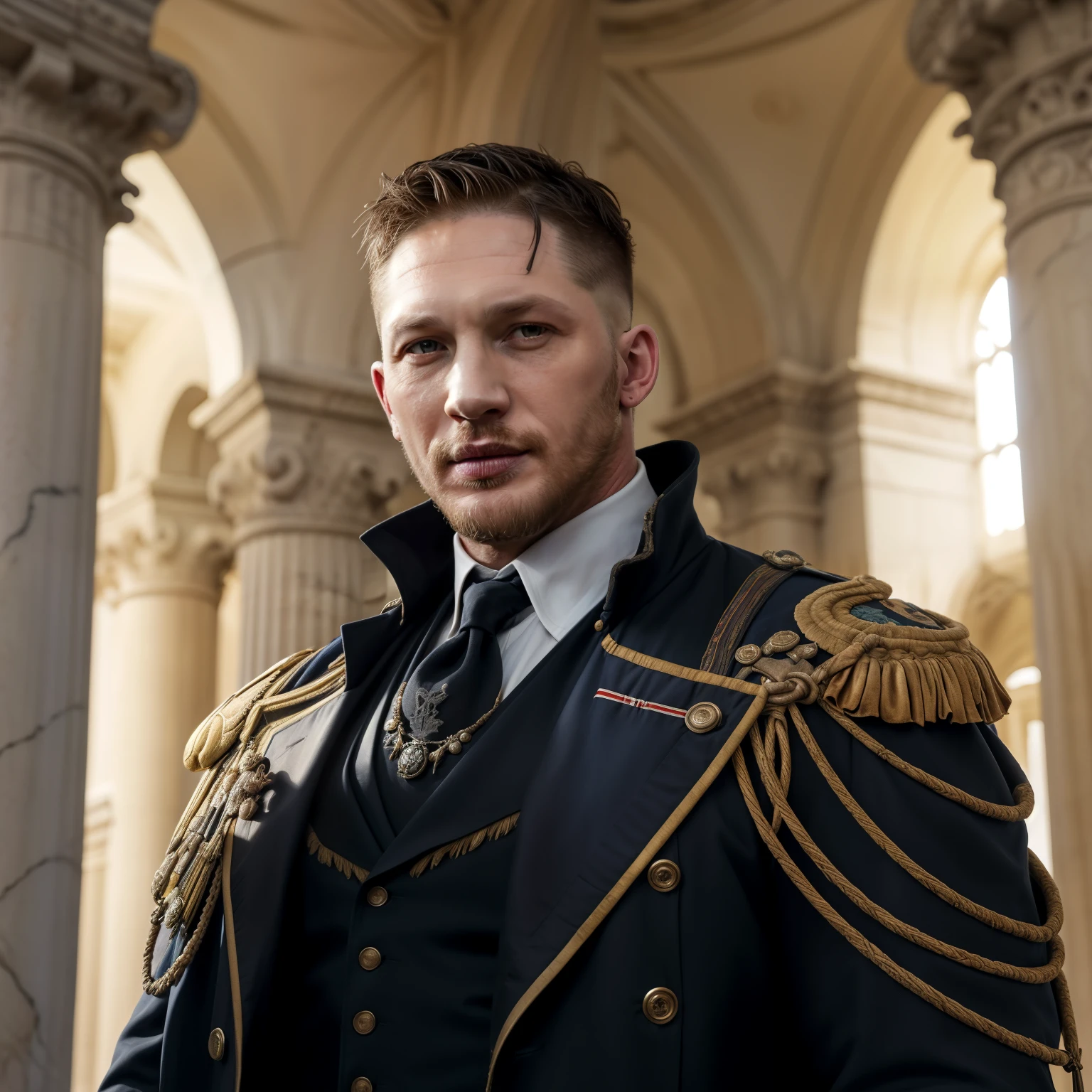 Tom Hardy, Pintura renacentista, Detailed description, Physical Characteristics, Vestimenta renacentista, Velvet doublet, Capa de seda, Luz suave del atardecer, thoughtful expression, Postura y presencia, Architectural background, Tapestries and marble columns, Intersection between past and present, Realismo y detalle, Carisma y misterio