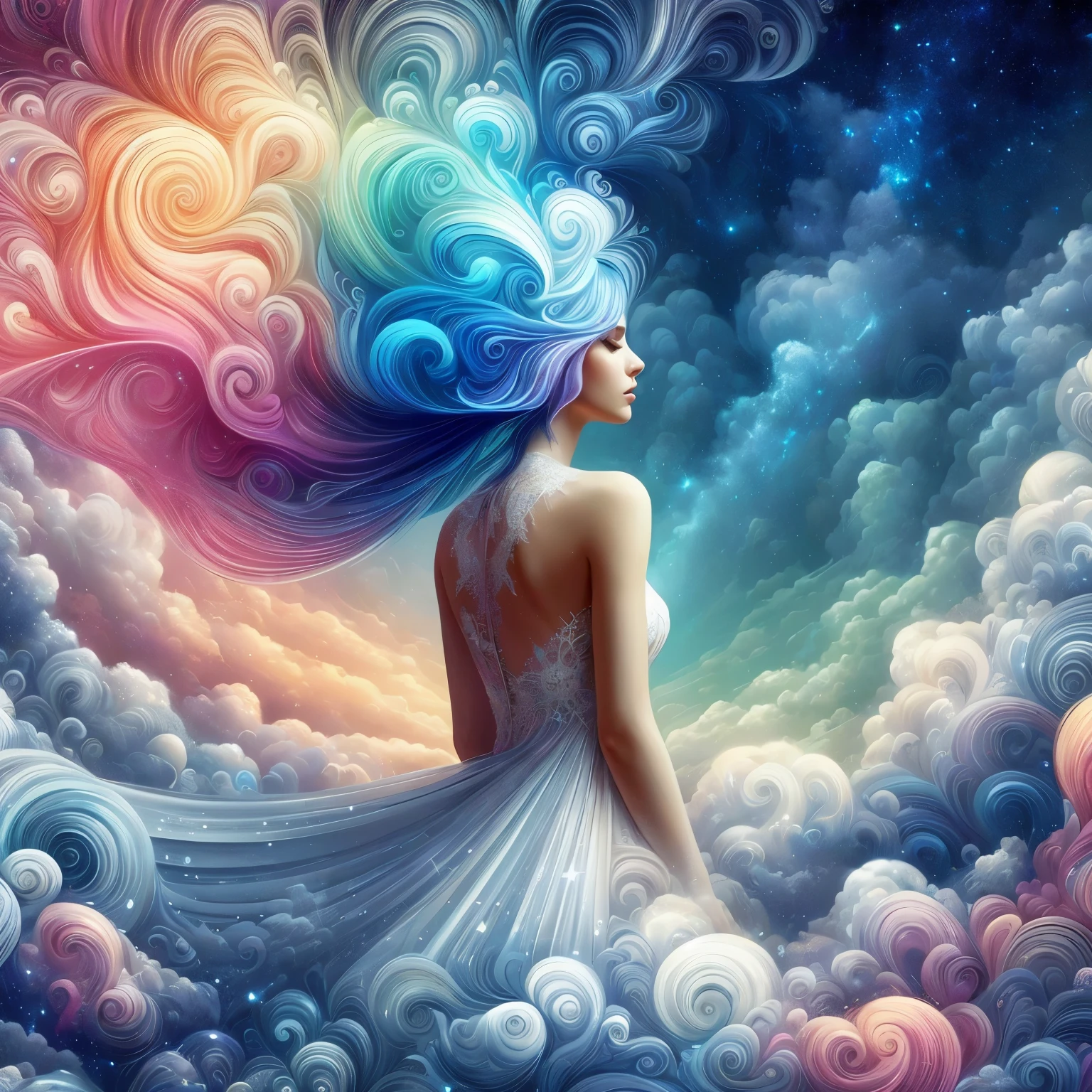 （tmasterpiece，top-quality，best qualityer，，offcial art，Beauty and aesthetics：1.2），（1girll：1.3），（s fractal art：1.3），The upper part of the body，Elegant dress，seen from the side，looking at viewert，（rainbow colour hair，The color hair，Half blue and half pink hair：1.2），Eau，liquids，​​clouds，Colorful，Starry，As estrelas，