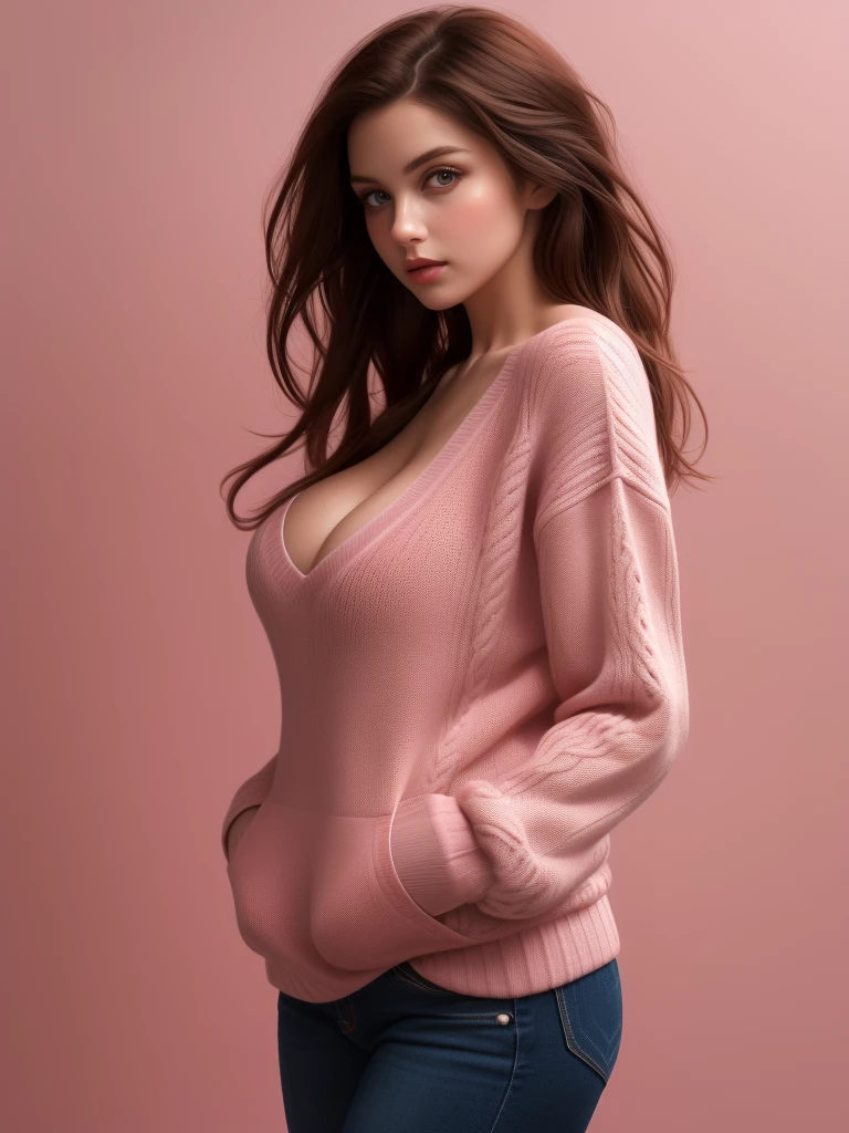 redhead beautiful American woman wearing a v neck ((pink)) sweater, red long messy hair, cleavage, tight fit pink sweater, tight fit jeans, (((masterpiece))), ((best quality)), ((intricate detailed)), ((Hyper realistic)), absurd res,, young woman, perspective, highly detailed, illustration, , perfect hands, detailed fingers, beautiful detailed eyes, brown eyes,(hands in pocket:1.5), tight jeans, simple pink background, perfect eyes,  eyes, looking at the viewer,(half body image from head to thigh:1.5),(viewed from side:1.5)
