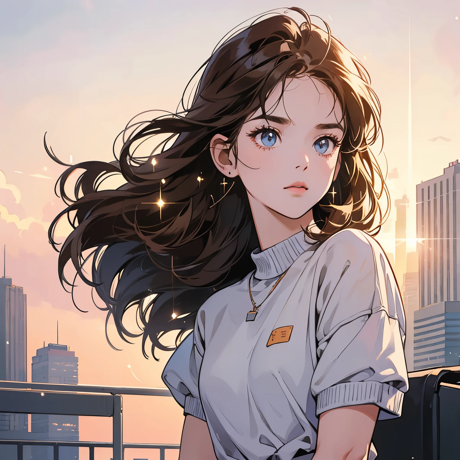 Upper Body、woman1people、highest quality、8K、The wind is blowing、Short sleeve sweater、Sunset、City of the Future、skyscraper、electric wire、pedestrian crossing、logo、line、station、(((Sparkling Eyes)))、(((Strong gaze)))、Light brown hair、Hair Length Medium、Detailed Hair、Complex background、Detailed、Faint lighting、Backlight、dim、Clouds in the sky、front