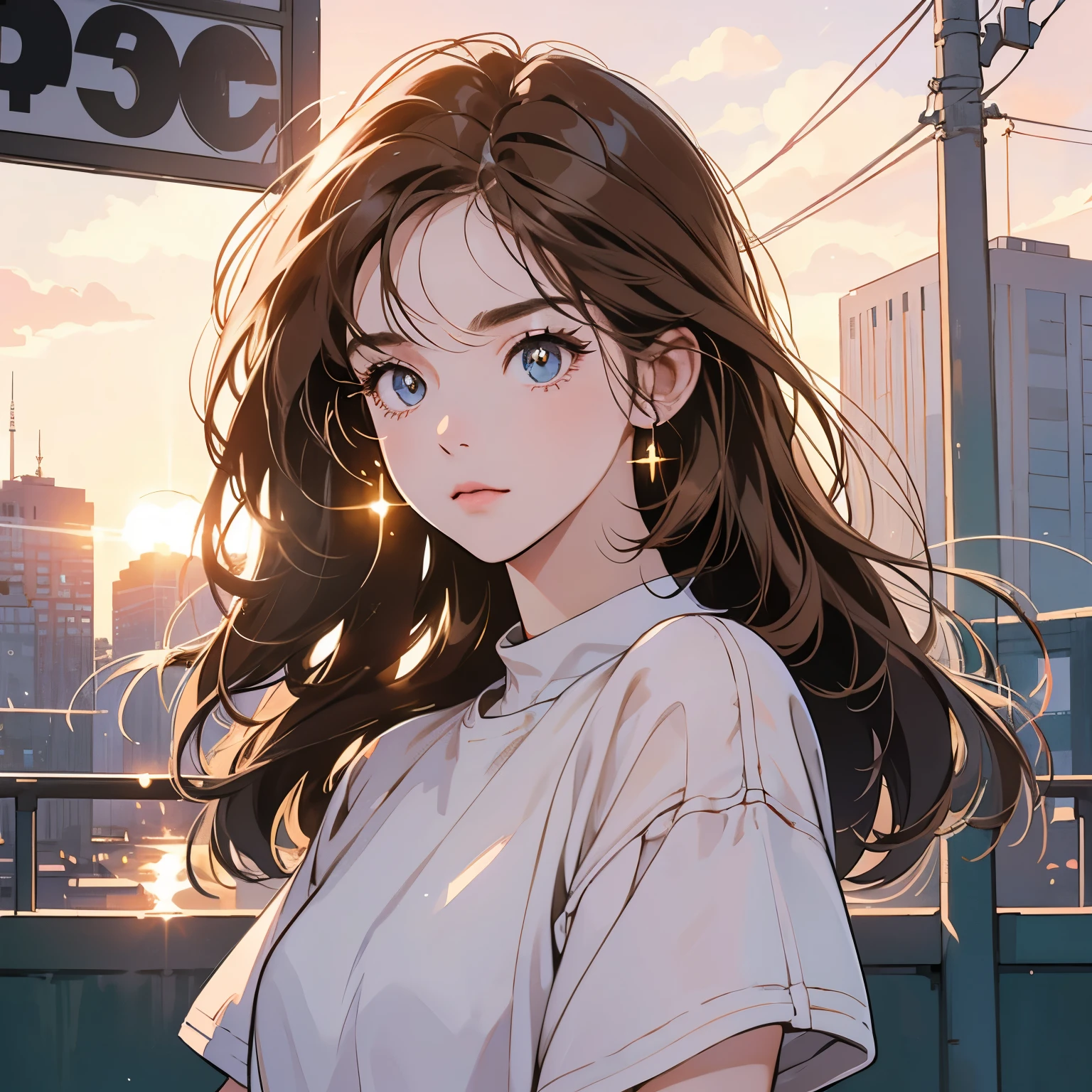 Upper Body、woman1people、highest quality、8K、The wind is blowing、Short sleeve sweater、Sunset、City of the Future、skyscraper、electric wire、pedestrian crossing、logo、line、station、(((Sparkling Eyes)))、(((Strong gaze)))、Light brown hair、Hair Length Medium、Detailed Hair、Complex background、Detailed、Faint lighting、Backlight、dim、Clouds in the sky、front