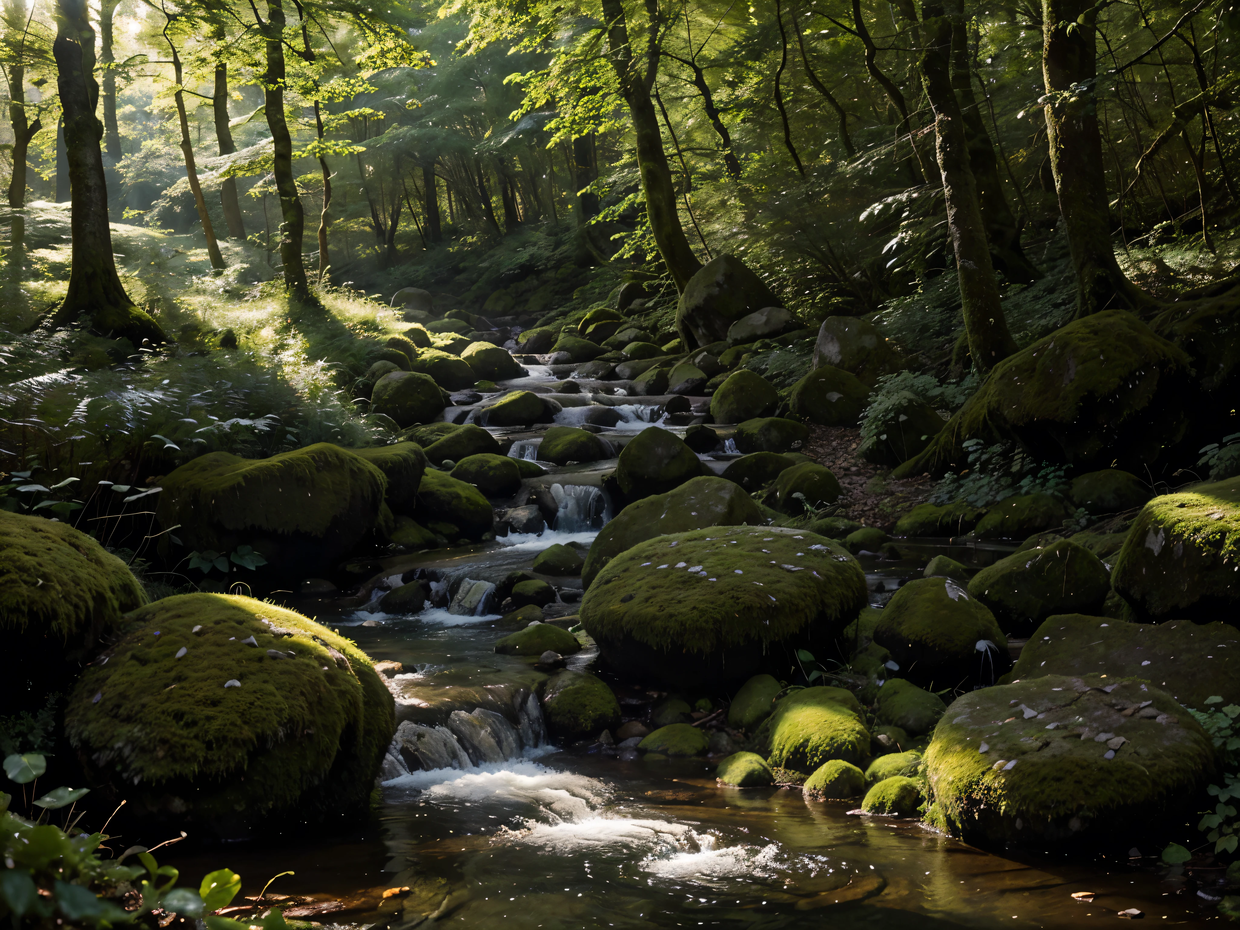 Describe this image in detail: The image features a lush, green forest with a stream running through it. The stream is surrounded by mossy rocks and  trees , creating a serene and peaceful atmosphere. The sun is shining down through the trees, illuminating the scene and creating a magical atmosphere. In the foreground, there is a small waterfall, adding to the natural beauty of the forest. The scene is filled with life and energy, with the sun shining through the forest and illuminating the mossy stones and trees.