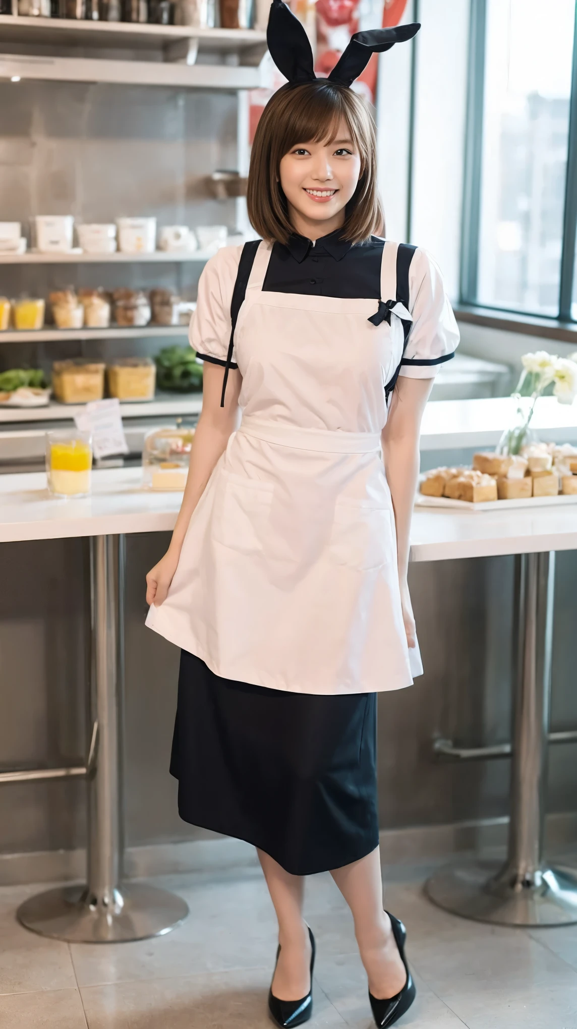 A bunny girl in a light pink maid outfit working at a maid cafe:1.5,The best smile:1.5,Full Body Shot:1.5,Gray background:1.5,Wearing black high heels:1.5,Brown hair, short cut, side wavy:1.5,Honda Tsubasa:1.5,squat:1.5