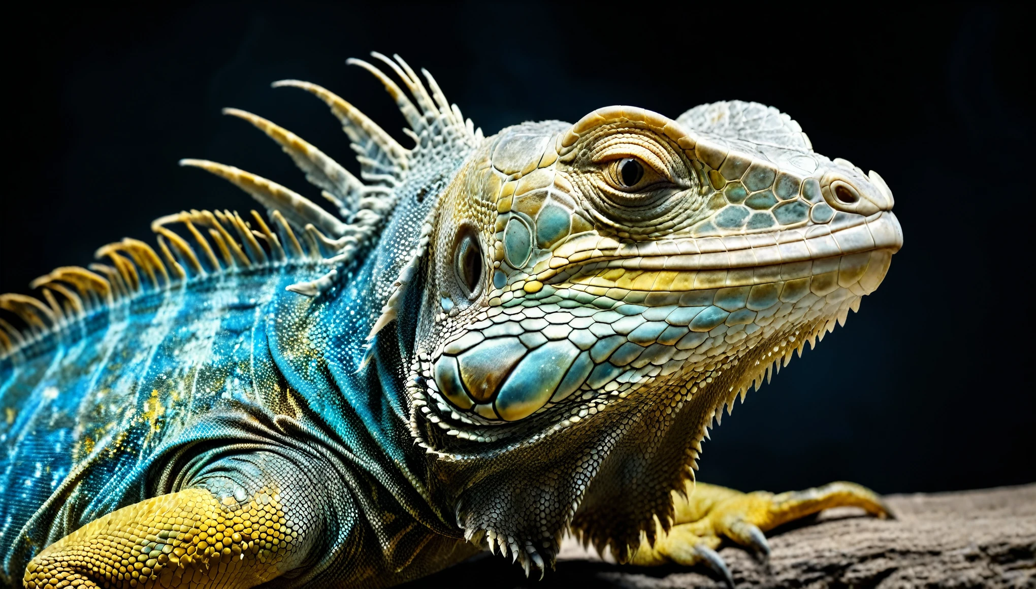 a tanning iguana closeup in blue and gold, realistic, perfect composition and chiaroscuro by Rembrandt, half body portrait, highly detailed, photo realistic, cinematic, movie still, captured in the style of Sony Alpha A7 III camera