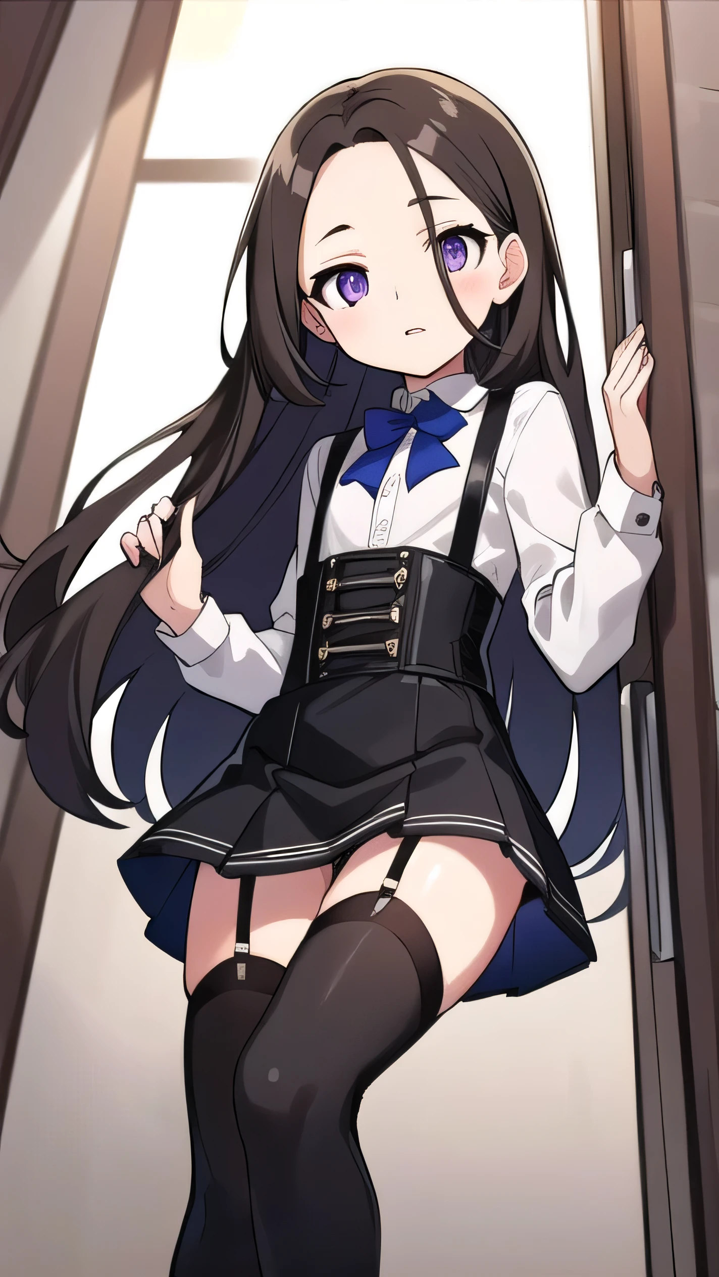 Brown hair, long hair, purple eyes, very short bangs, wide forehead, white shirt, long sleeves, black corset, black miniskirt, black knee socks, , flat chest , short, narrow eyes, hanging eyes, forehead, straight hair, corset skirt with suspenders