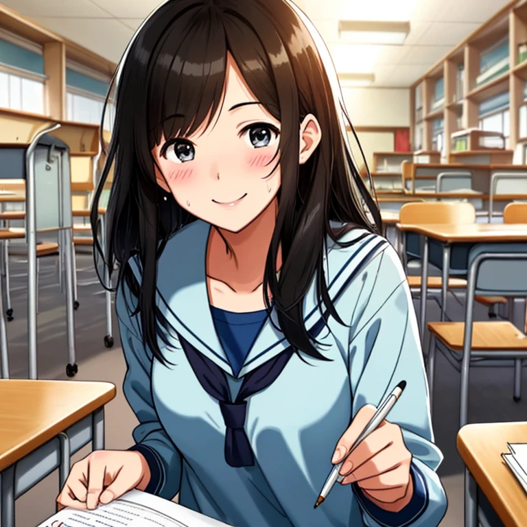 High resolution illustrations。Studying hard in the classroom、A neat and tidy female student with black hair wearing a sailor uniform。Even with sweat running down my forehead、She is smiling with a sense of accomplishment.。she is sitting at the desk、In the background, there are books and notebooks scattered around, giving the impression of a classroom.。Realistic depiction and vibrant colors。The poster reads:「Learn together、Make your dreams come true!」It includes the catchphrase and the school's logo.。With illustrations drawn with a soft touch、I can see the sky、Gives a summer school feel。She was covered in sweat.、The image of desperate efforts is depicted.、Expresses a desire to win。Under the blue sky、The scenery outside the window、The scene of her wiping away her sweat is depicted in a delicate and dynamic way.。
Small breasts