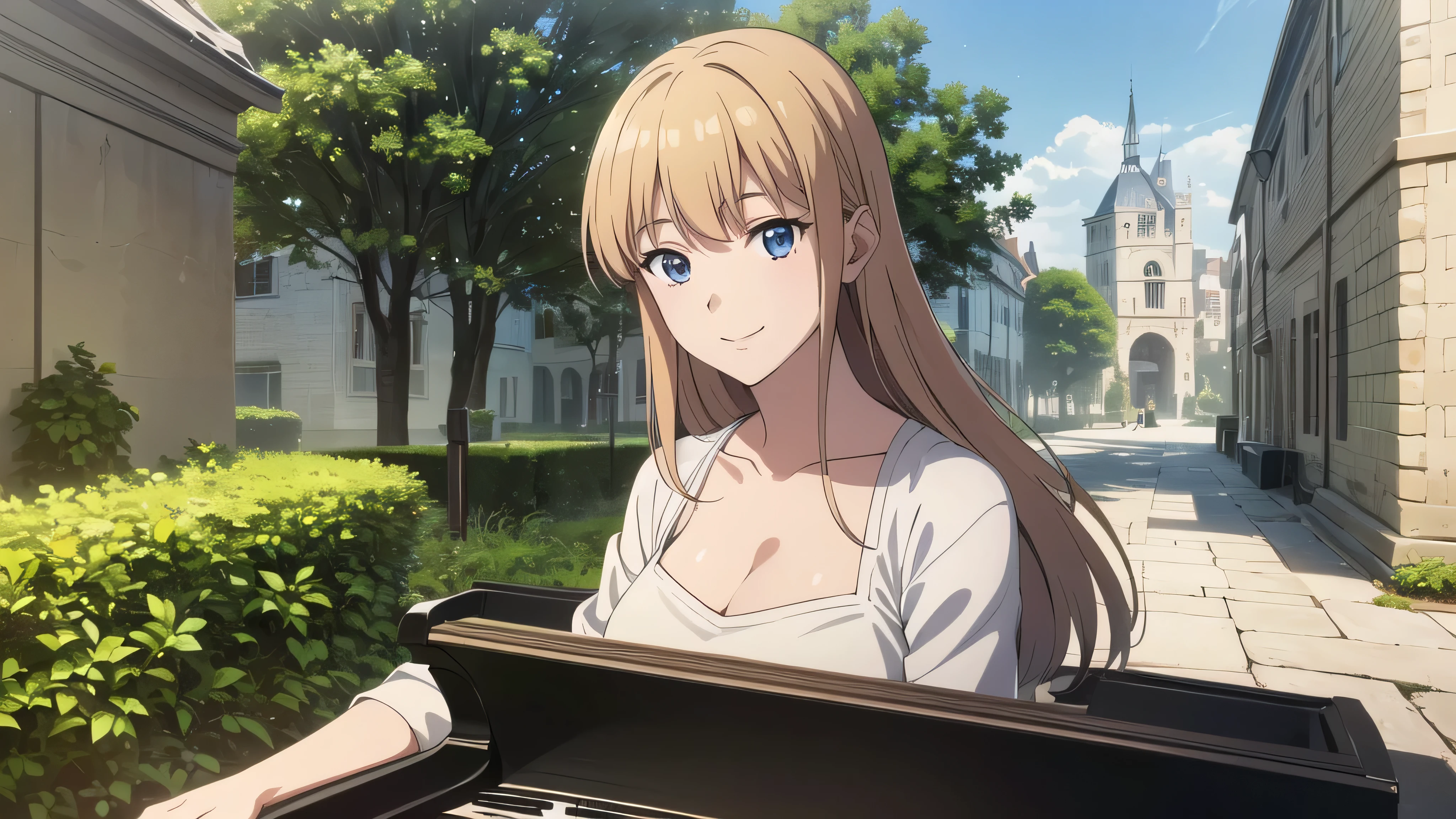 (In 8K, Ultra-high resolution, Best Quality, Masterpiece:1.2), (Realistic illustrations), (Highly Detailed CG Unity 8K Wallpaper), anime, (Beautiful girl playing the piano in a large medieval square), Detailed face, smile, plant