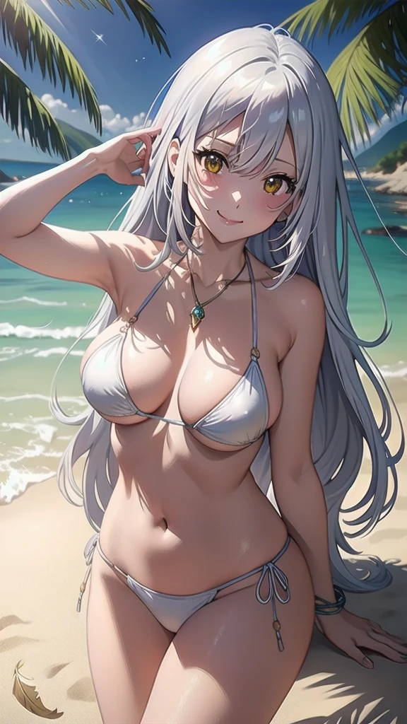 masterpiece, best quality, 1 solo girl, silver hair, yellow eyes, long hair, medium breasts, sexy body and face, wavy hair, smile, white bikini, pendant, bracelet, jewelry, earrings, feather hair ornament, ball, lying at the sand, summer, sexy pose, cowboy shots, detailed body, face, and eyes, sharp focus, vibrant, creative, dynamic, high definition, high resolution, 8k, (Upscale: R-ESRGAN 4x+ Anime6mage enchance:4x), voluptuous body, cinema lightning, dakimakura style, looking at the viewer,