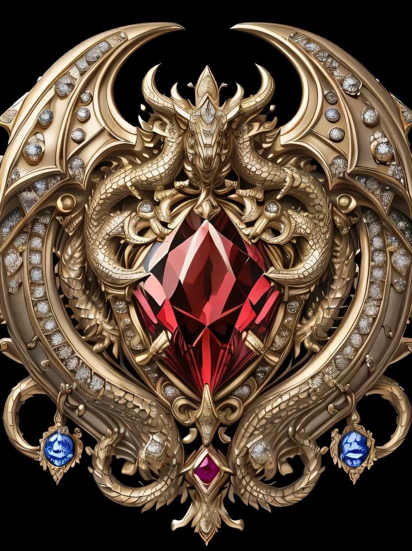 ((masterpiece、highest quality、Very detailed、Photorealistic、High resolution、Sharp focus))、((No humans))、((Elaborate coat of arms、Ruby、sapphire、diamond))、Smooth surface、Reflective surface、Dragon Head、Shiny Gold、Symmetrical、Fit the whole thing on the screen、Dynamic lighting、Scattered beneath the surface