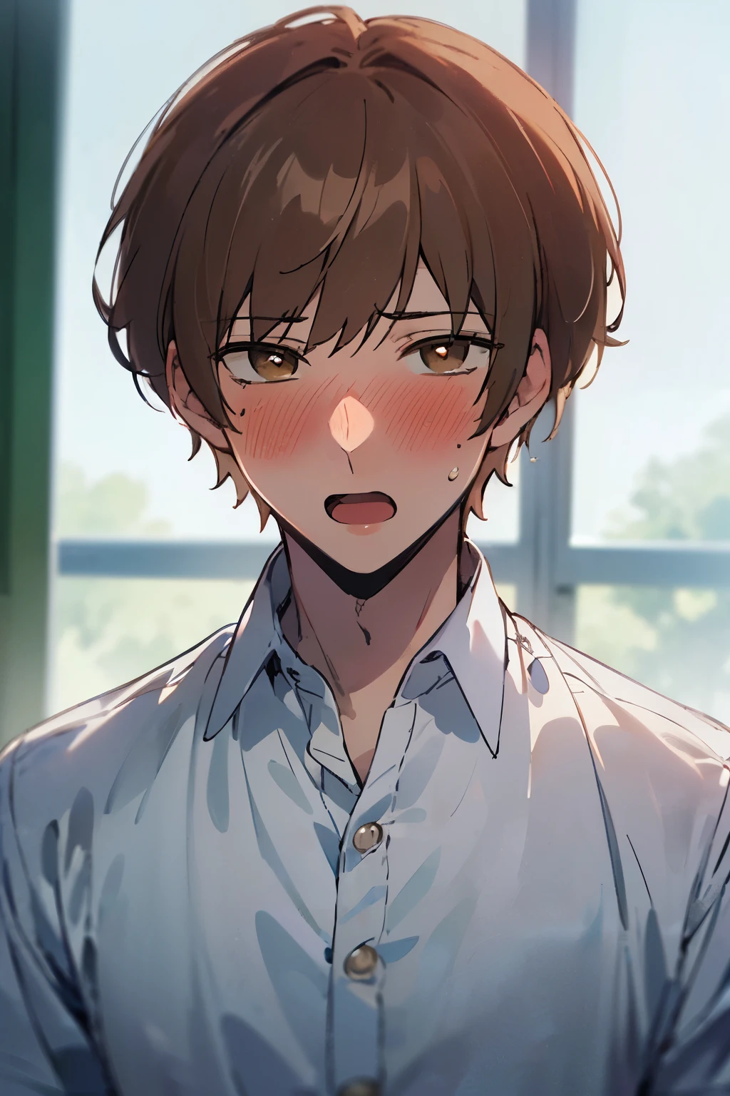 ((best quality)), ((masterpiece)), (detailed), perfect face(((((Solitary)))),24-year-old boy, warm skin, Pupils purple, hanging,Sharp Eyes,,,Male focus, looking at the audience, Upper Body ,brown hair, short hair, Face Focus,aldult, shirt, best quality, Facial details.,Classroom,A little blush,Open your mouth