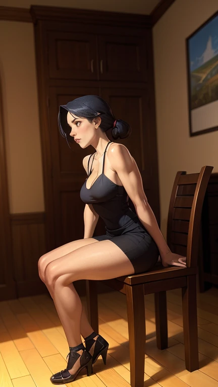 there is a woman sitting on a chair in a room, Arte detalhada de alta qualidade 8k, preto, garota anime sedutora, artgerm extremamente detalhado, linda mulher de anime sedutora, detalhes finos. linha de frente das meninas, succubus in tight short dress, arte cg de anime suave, 2. arte de fantasia de anime 5 d cgi, por Yang J, arte oficial altamente detalhada