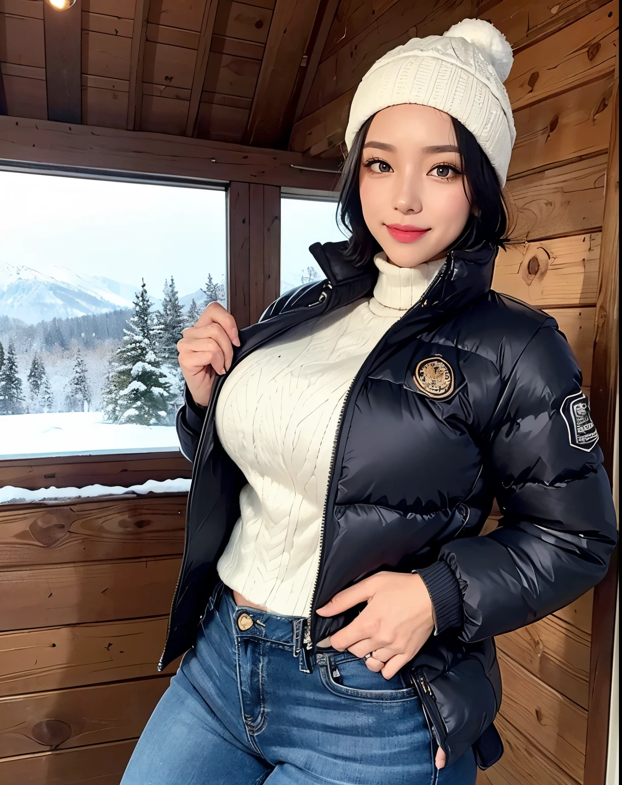 1girl, (Black Eyes), (smiling), (beautiful makeup :1.2), (wide hips), (big tits :1.1), (big ass), (Best Quality, 8k, Masterpiece: 1.3), Clear Focus: 1.2, Perfect Body Beauty: 1.4, strong abs, Highly detailed face and skin texture, detailed eyes, double eyelids, ((black short hair :1.2), (Warm winter jacket :1.3), (tight jeans), (wool cap :1.2), standing, dynamic pose, on a snowy mountain, snowing, cabin with pine trees in the background