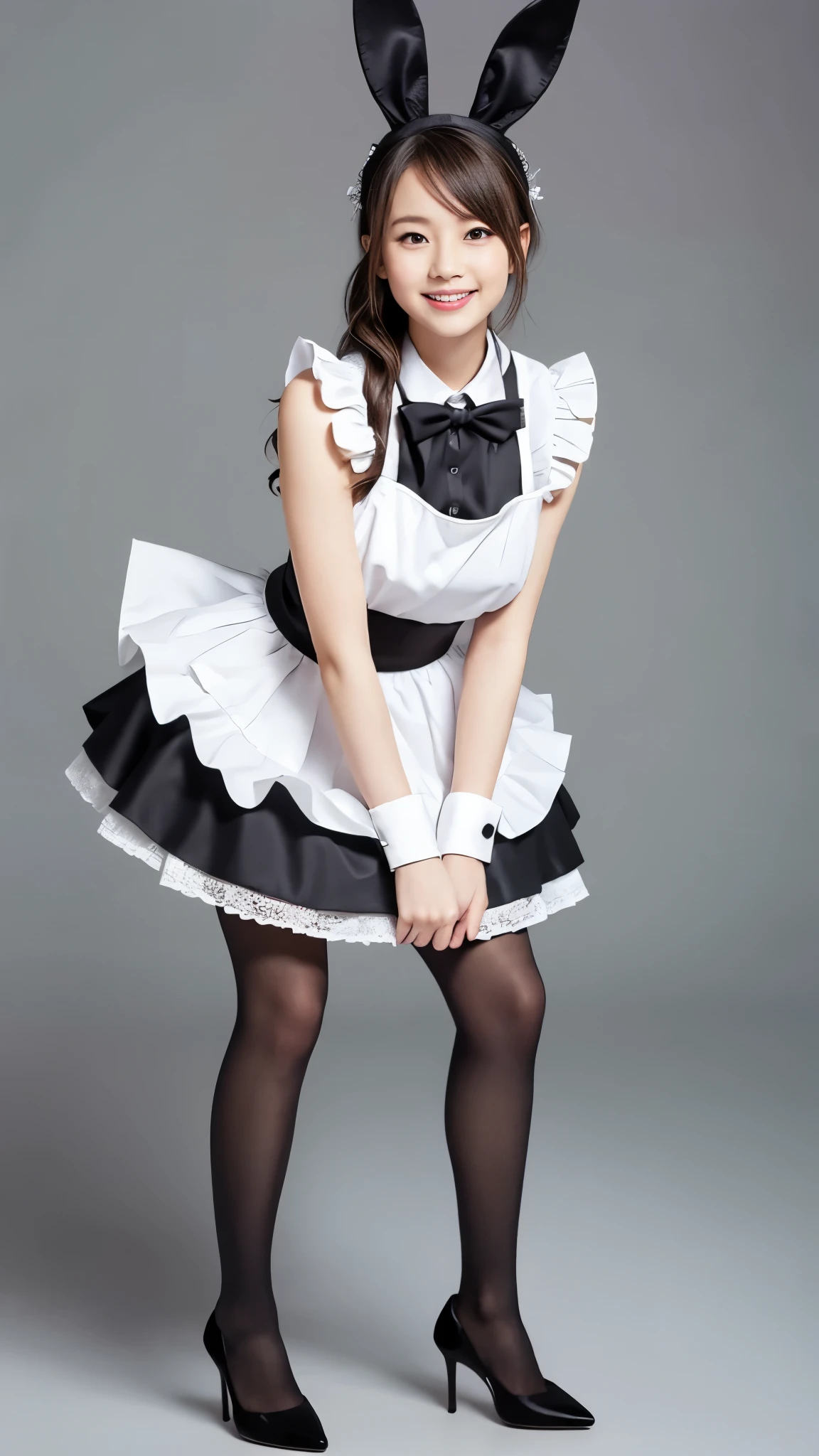Bunny girl in a colorful maid outfit:1.5,Wearing black tights:1.5,The best smile:1.5,Full Body Shot:1.5,Gray background:1.5,Wearing black high heels:1.5,squat:1.5,Holding the skirt in the hands:1.5