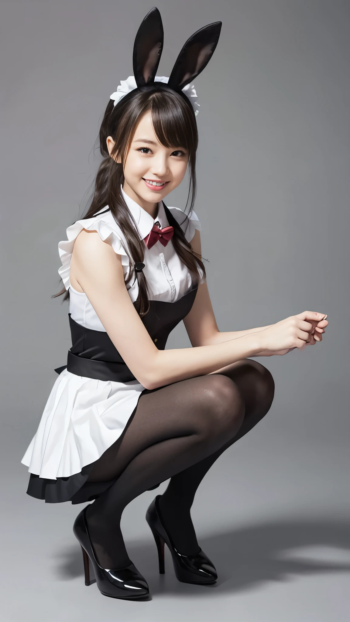 Bunny girl in a colorful maid outfit:1.5,Wearing black tights:1.5,The best smile:1.5,Full Body Shot:1.5,Gray background:1.5,Wearing black high heels:1.5,squat:1.5,Holding the skirt in the hands:1.5