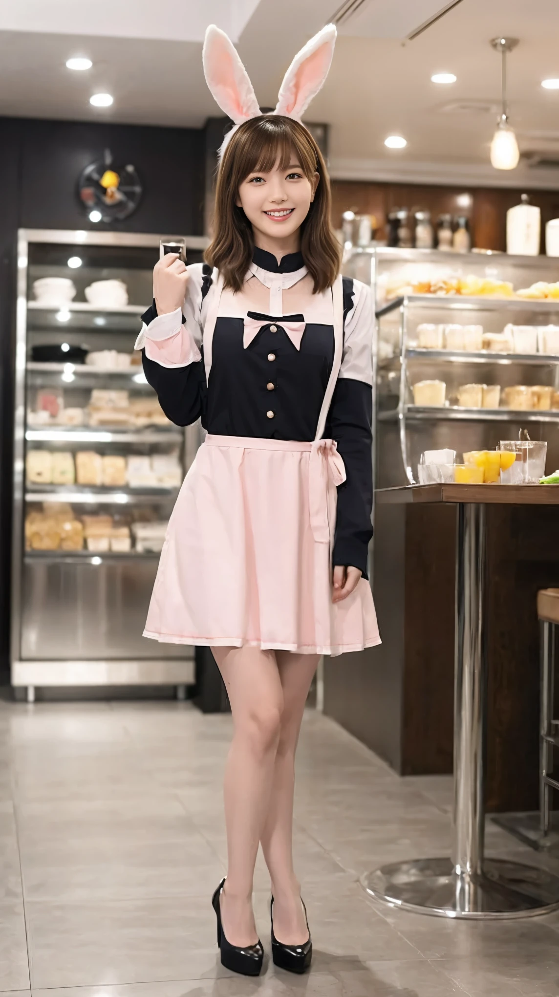 A bunny girl in a light pink maid outfit working at a maid cafe:1.5,The best smile:1.5,Full Body Shot:1.5,Gray background:1.5,Wearing black high heels:1.5,Brown hair, short cut, side wavy:1.5,Honda Tsubasa:1.5,squat:1.5
