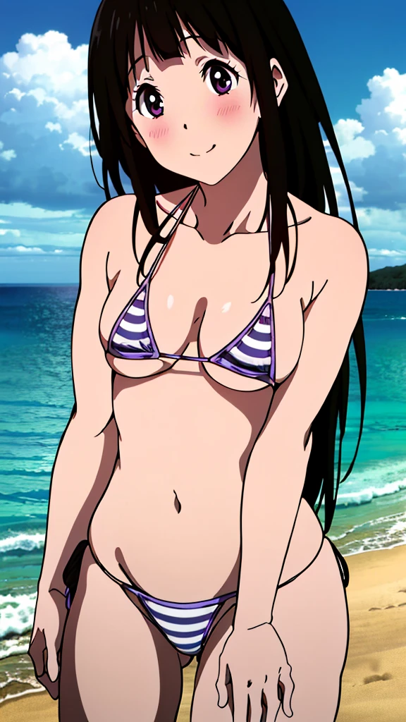 (masterpiece, 4K, highest quality, anime style: 1.9, Detailed face, Lovely, Ocean,Bold Line, High resolution, anime, Lake 4. alone, Curvaceous, slim,Cleavage, Center of chest, smile, Embarrassed face,非常にslimなお腹, Cowboy Shot,(((Striped micro bikini))),1 girl,Black Hair, Long Hair, Chitanda Eru,blush,((White skin)),looking at the camera