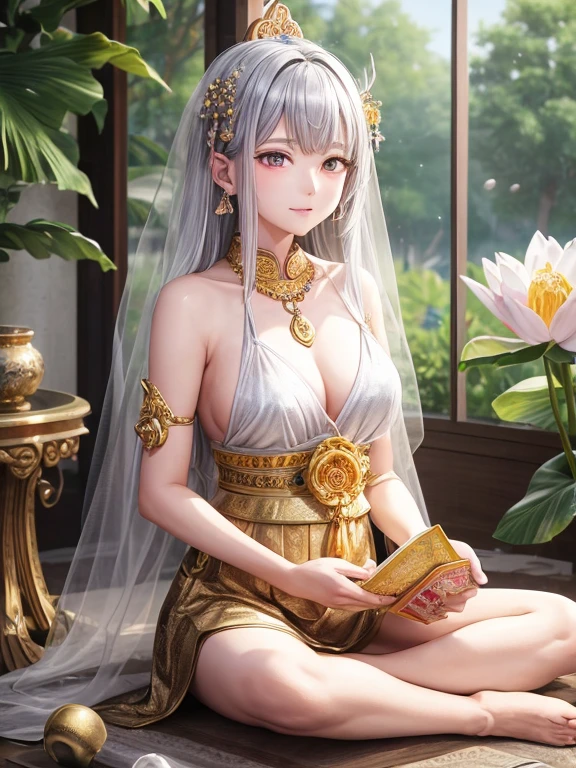 (Buddhist paradise、Gold Dust、Silver、Ruri、agate、Several large crystals)、Kannon Bodhisattva、Amitabha is coming、Golden aura shining、白Silver色の明るい世界、Flowers are blooming all over the place、Seated on a lotus pedestal、Official artwork、(masterpiece、highest quality、High resolution、8k)、The composition is excellent、