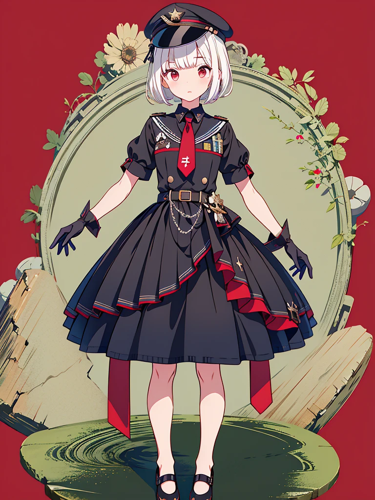 1girl、highest quality、vtuber-fullbody、Milky white short hair、Masterpiece、Official Art、The best composition、Standing in front of the viewer、Simple Background、Black and red gothic military、m1l1t4ry, necktie, black gloves, black dress, peaked cap, y dress, short sleeves,