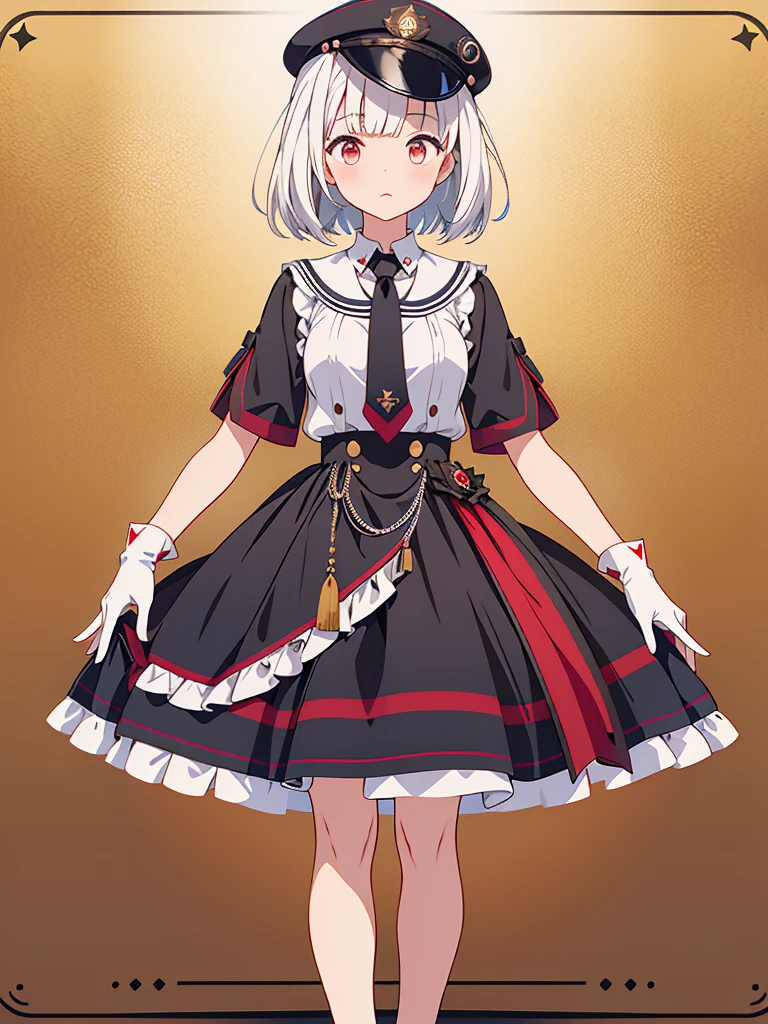 1girl、highest quality、vtuber-fullbody、Milky white short hair、Masterpiece、Official Art、The best composition、Standing in front of the viewer、Simple Background、Black and red gothic military、m1l1t4ry, necktie, black gloves, black dress, peaked cap, puffy dress, short sleeves,