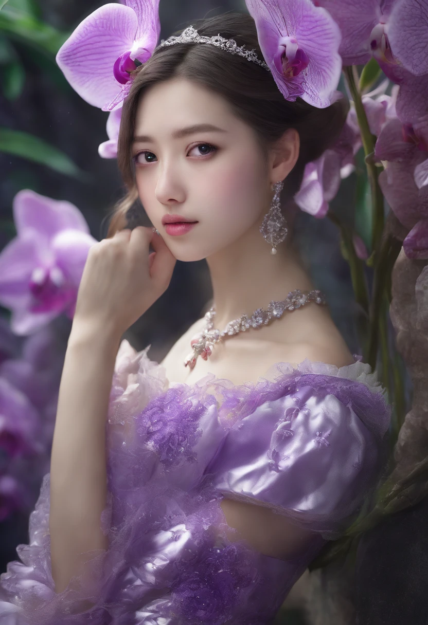 ((Reality、Hyper-Reality、Realism)),Purple Orchid Garden,Elegant and temperamental 18-year-old girl,Goose egg face shape,Wearing a purple orchid dress,Spiral staircase,Going downstairs,