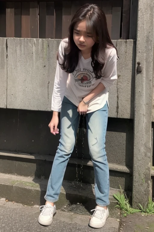One of the ladies pees herself after being scared, standing, Indonesian face, 17 yo, peeing self, pee stain, wearing trousers.