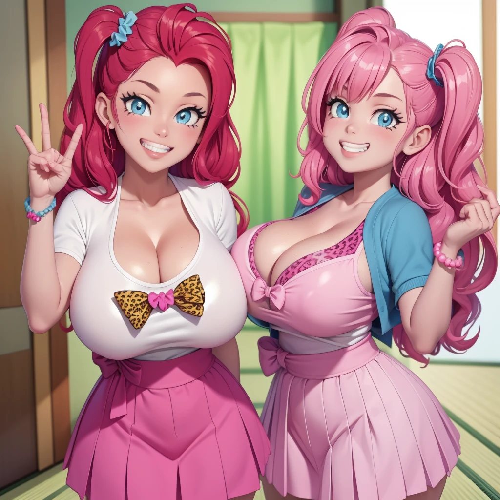 big lips, pink hair, blue eyes, japanese face, gyaru, two side up, huge breasts, wide hips, sexy, pink theme, kawaii, detailed, pink room, decora, bangs, grin, gyaru outfit, kawaii, pleated skirt, cleavage, huge boobs, gigantic boobs, dynamic pose, dynamic angle, evil grin, leopard print