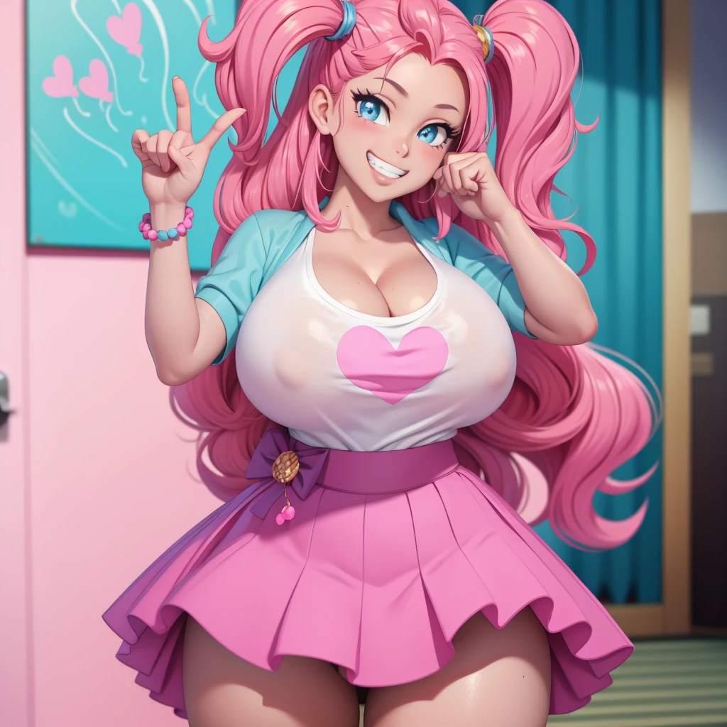big lips, pink hair, blue eyes, japanese face, gyaru, two side up, huge breasts, wide hips, sexy, pink theme, kawaii, detailed, pink room, decora, bangs, grin, gyaru outfit, kawaii, pleated skirt, cleavage, huge boobs, gigantic boobs, dynamic pose, dynamic angle, evil grin, leopard print